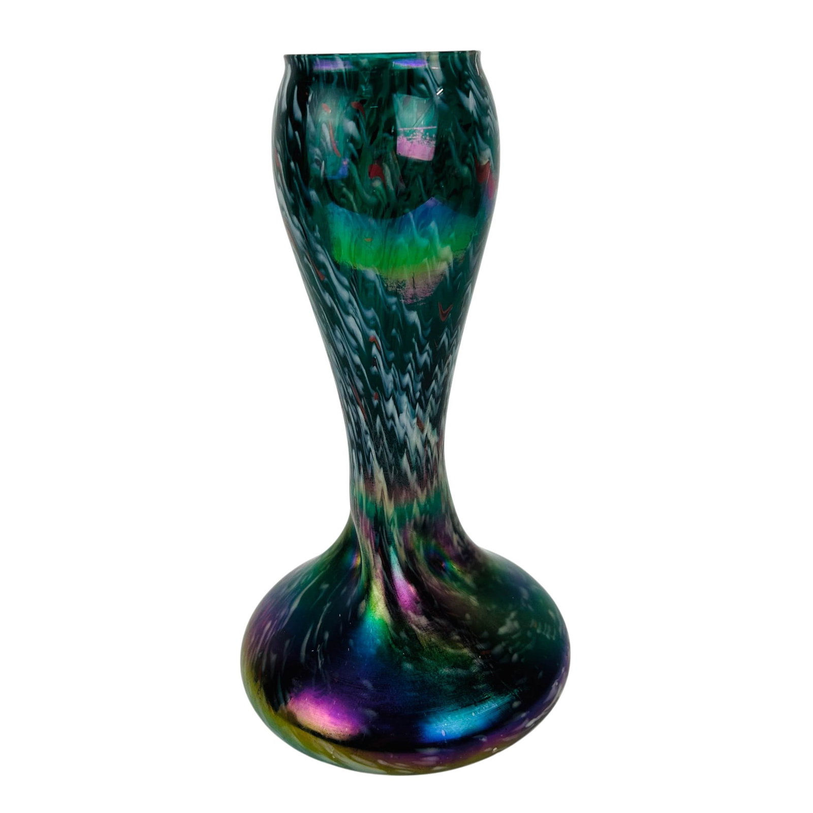 Bohemian Rindskopf Iridescent Confetti Glass Vase: Art Nouveau Bohemian 20th century twist form studio blown art glass vase, attributed to Rindskopf. Trumpet form with circular foot, mottled inclusions, confetti decoration, and iridescent surface trea