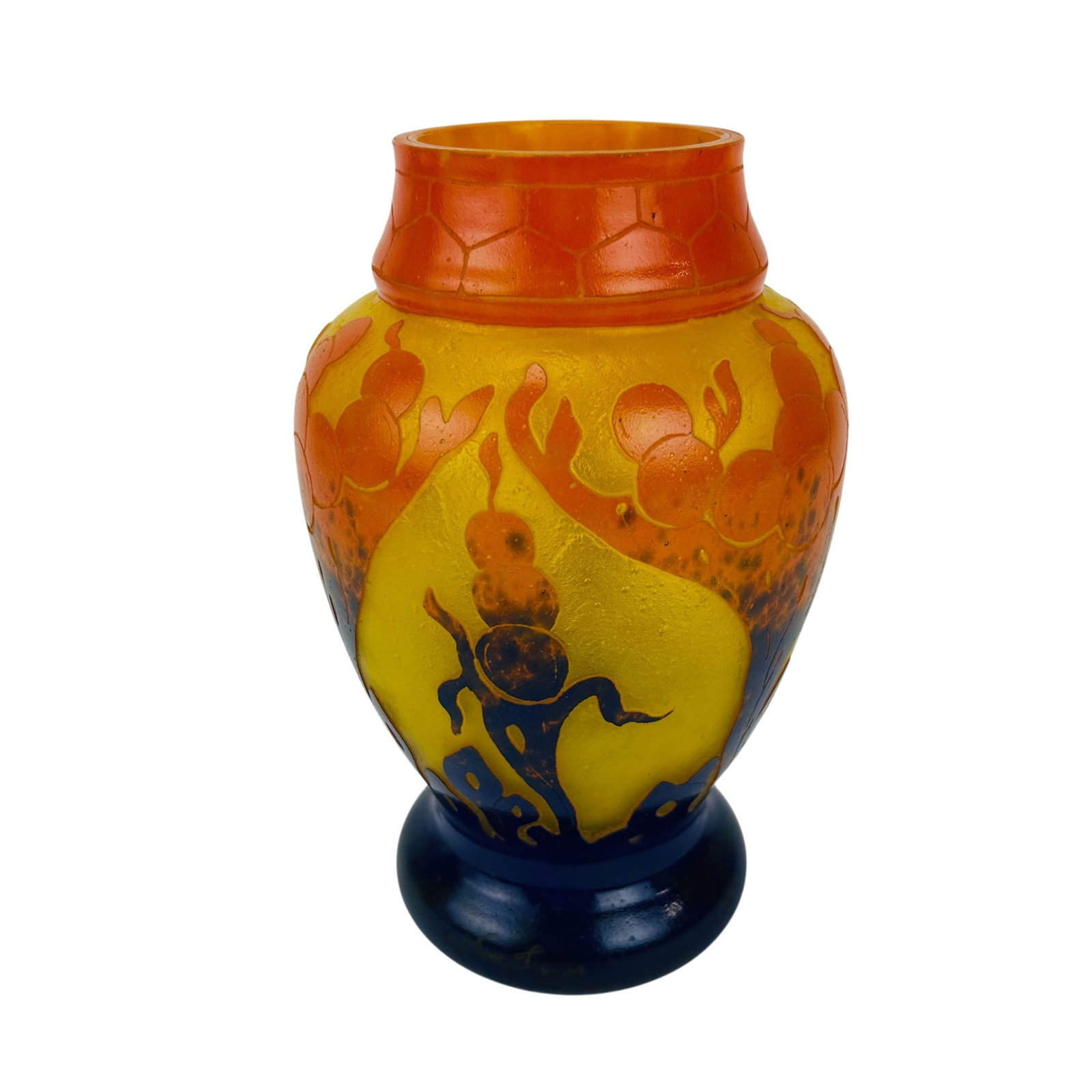Schneider Cameo Etched Art Glass Vase SIGNED: Charles Schneider (French, 1881-1958) Art Nouveau "Le Verre Francais" line Art Nouveau cameo glass vase. The yellow glass is overlaid with cobalt blue and orange with acid etched stylized floral forms