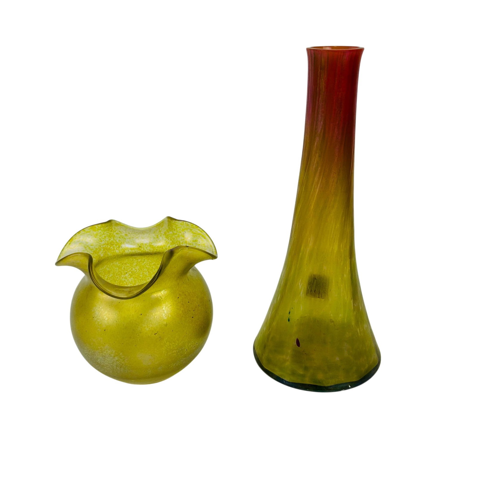 Studio Blown Art Glass Iridescent Vases 2pc LOT: Lot of two iridescent art glass vases. Iincludes a tall trumpet form vase with a pink to orange yellow gradient and satin finish, together with a bulbous vase featuring a ruffled rim and gold iridesce