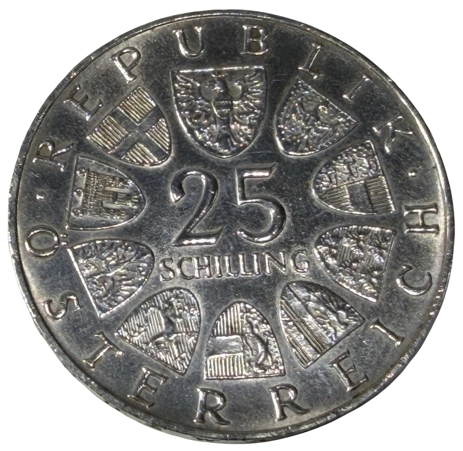 1968 Austria Silver 25 Schilling Belvedere Coin: 1968 Austria 25 Schilling commemorative coin struck in 80% silver, issued to commemorate the 250th Anniversary of the Belvedere Palace (1718-1968). Features the Belvedere Palace on the obverse and the