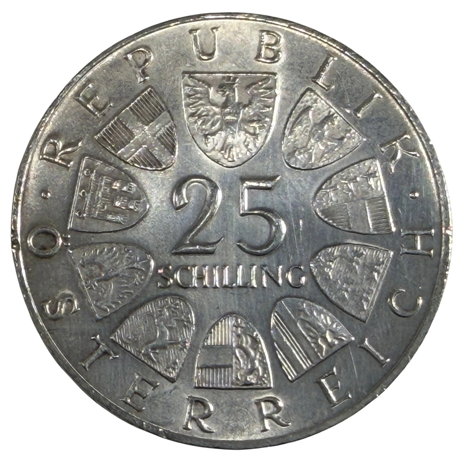 1968 Austria Silver 25 Schilling Belvedere Coin: 1968 Austria 25 Schilling commemorative coin struck in 80% silver, issued to commemorate the 250th Anniversary of the Belvedere Palace (1718-1968). Features the Belvedere Palace on the obverse and the