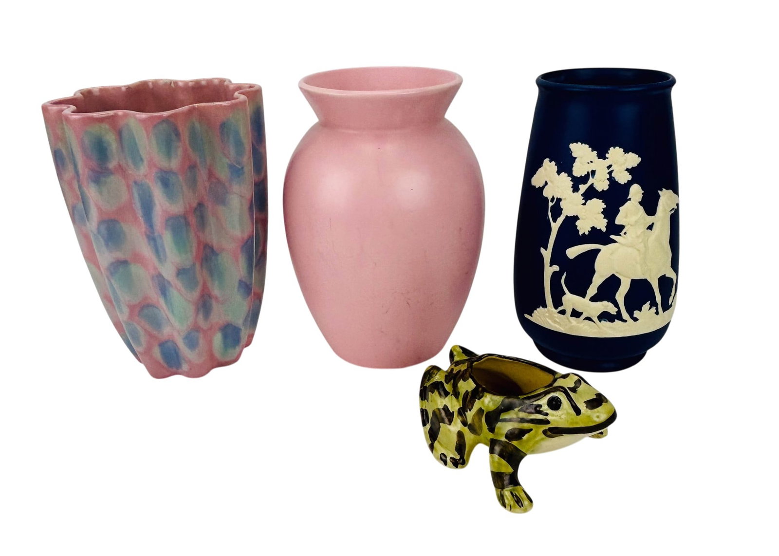 American Art Pottery McCoy Haeger Weller & MORE: Estate lot of four ceramic decorative objects including American art pottery examples by McCoy, Weller, and Royal Haeger. The grouping includes a pink McCoy vase with applied floral decoration, a coba