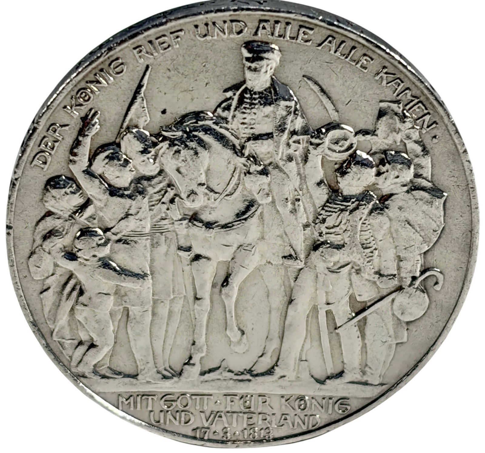 1913 Prussia 3 Mark Old Commemorative Silver Coin: 1913 Prussia 3 Mark commemorative coin honoring the 100th anniversary of the War of Liberation against Napoleon. Struck in .900 silver, weighing 16.67 grams and measuring approximately 33 mm. Obverse 