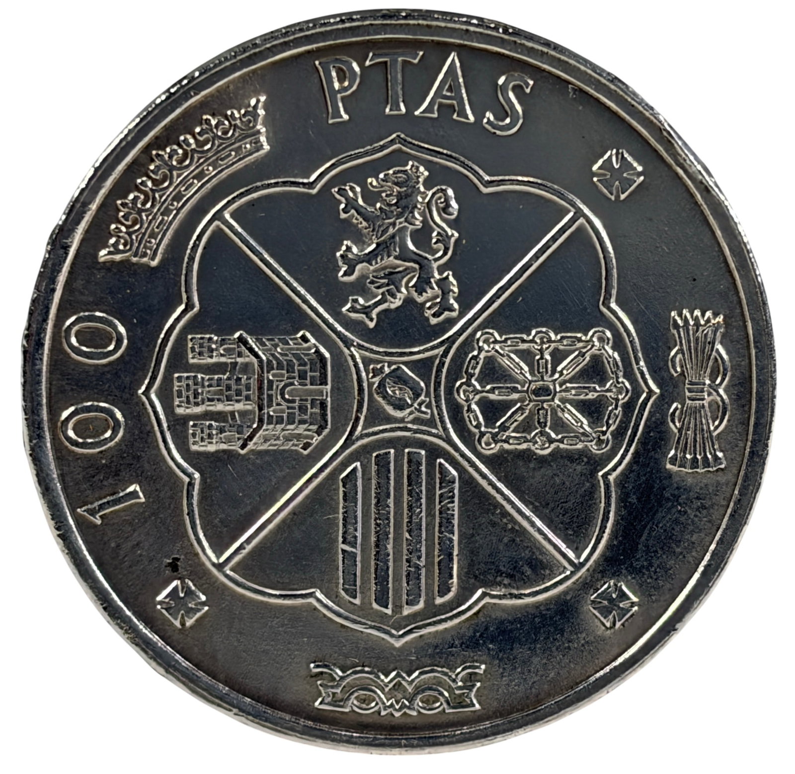 1966 Spain 100 Pesetas Franco Era Silver Coin: Spain 100 Pesetas commemorative coins dated 1966, struck in 80% silver. Feature the portrait of Francisco Franco on the obverse and the Spanish coat of arms on the reverse. Coin weighs approximately 1