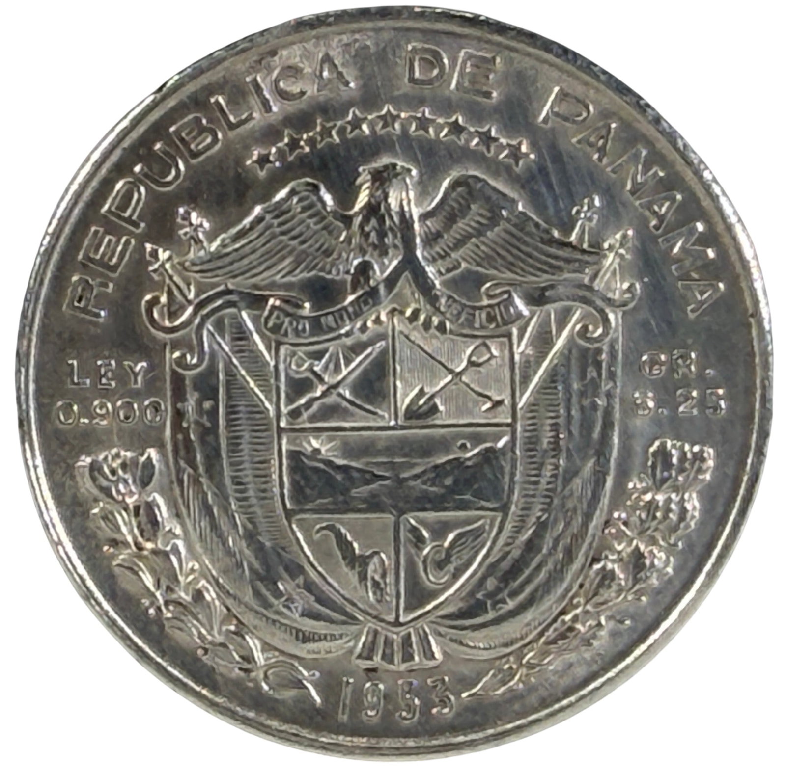 1953 Panama 1/4 Balboa .900 Ag Silver Coin: 1953 Republic of Panama silver One Quarter Balboa (KM#19) commemorative "Cincuentenario" coin. Obverse depicts the armored bust of Vasco Nunez de Balboa facing left with the legend "UN CUARTO DE BALBO