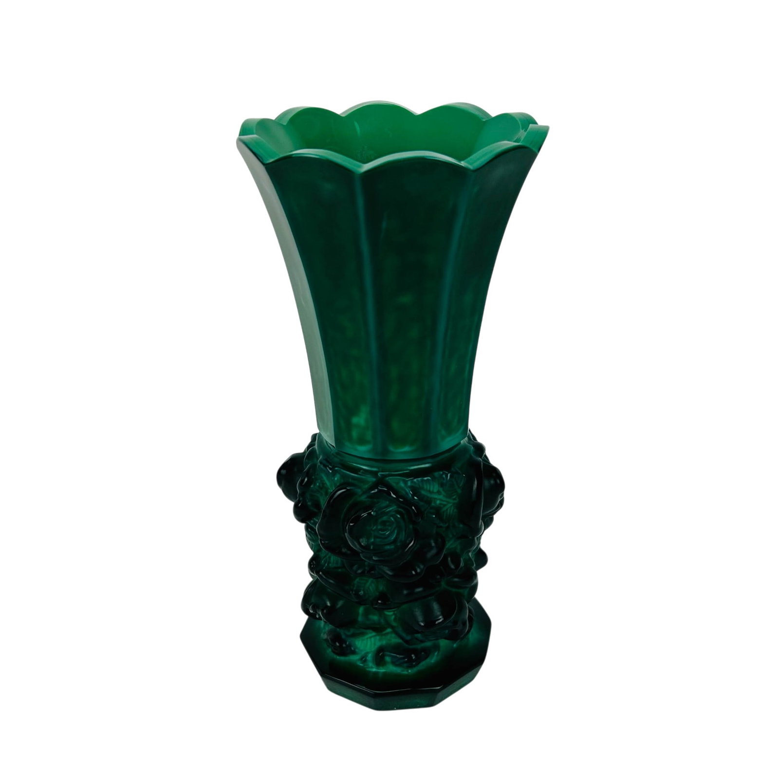 Art Deco Green Malachite Trumpet Form Floral Vase: Green malachite art glass vase modeled with a strong Art Deco influence. Features a scalloped rim above a faceted trumpet form body with marbled green coloration. Lower section decorated with a raised