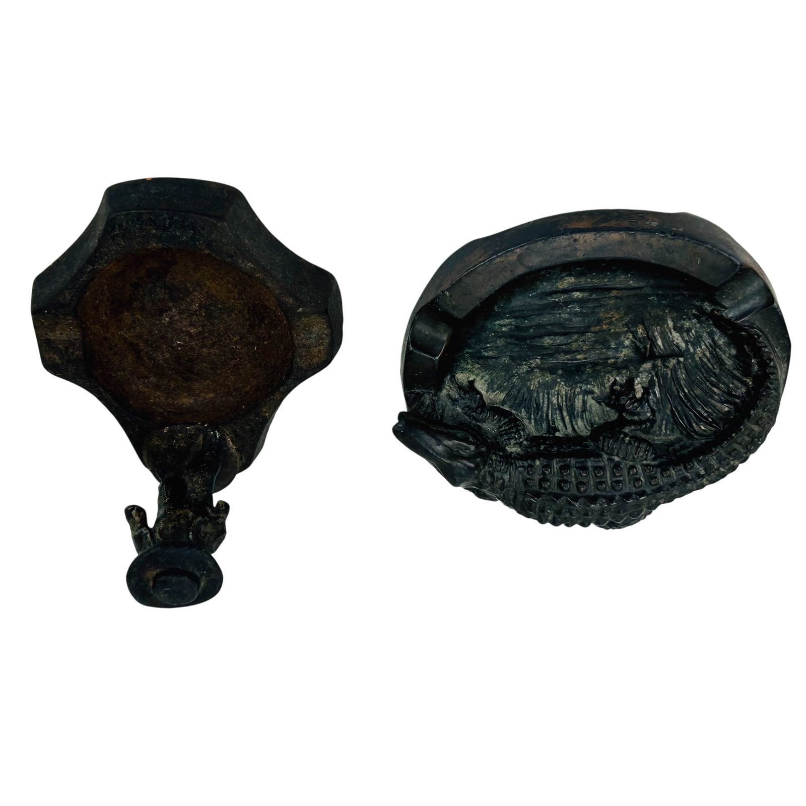 Cast Iron Figure & Bronze Gator Table Ashtrays 2pc: Lot of two figural coffee table cigarette ashtrays comprising one bronze alligator form with molded reptile decoration and three cigarette rests, together with a cast iron ashtary surmounted by a stan