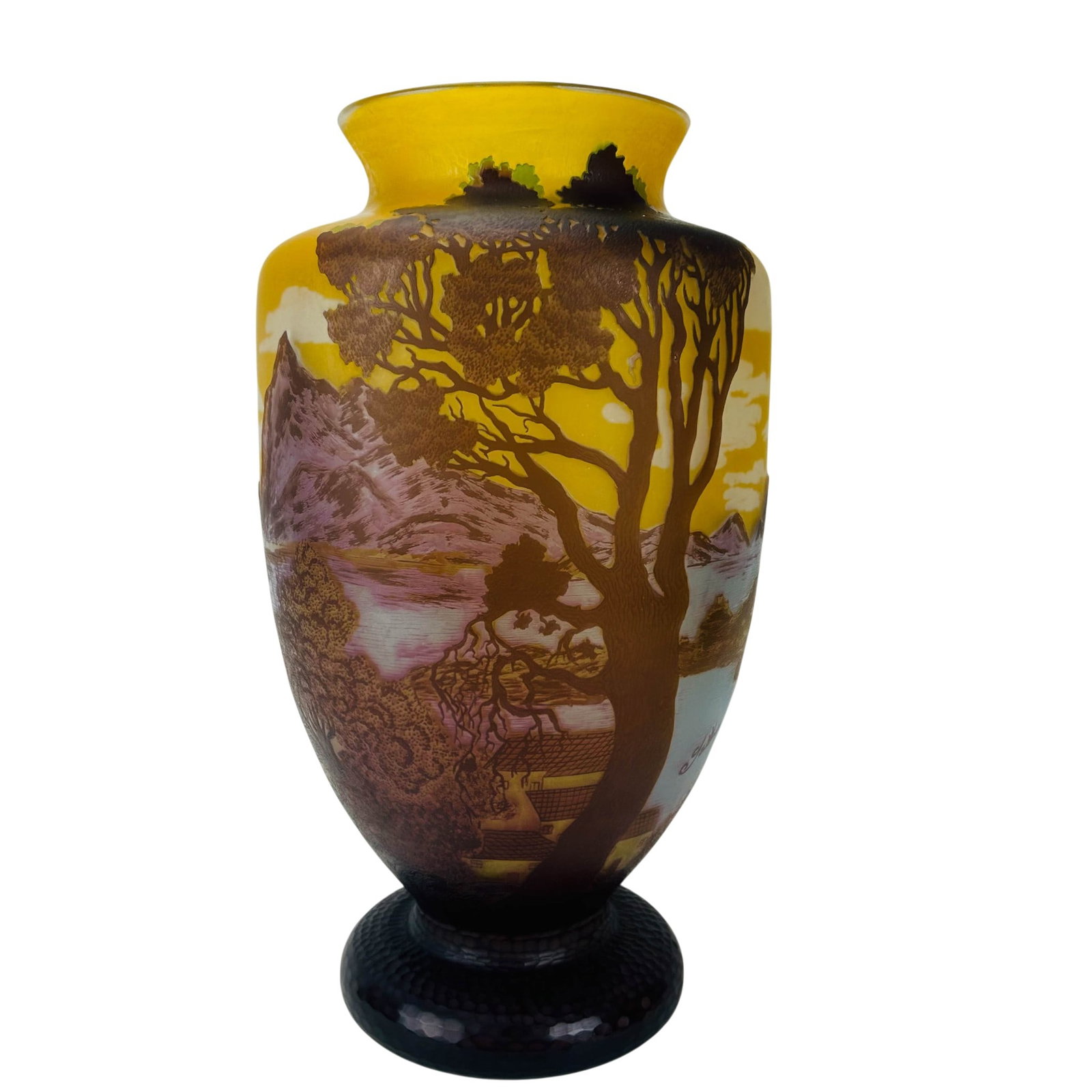 Cameo Acid Etched Glass Landscape Vase after Galle: Floor sized French Art Nouveau cameo art glass vase after Emile Galle (French, 1846-1904). Features an amber yellow ground with an acid etched and enameled woodland landscape decoration depicting tree