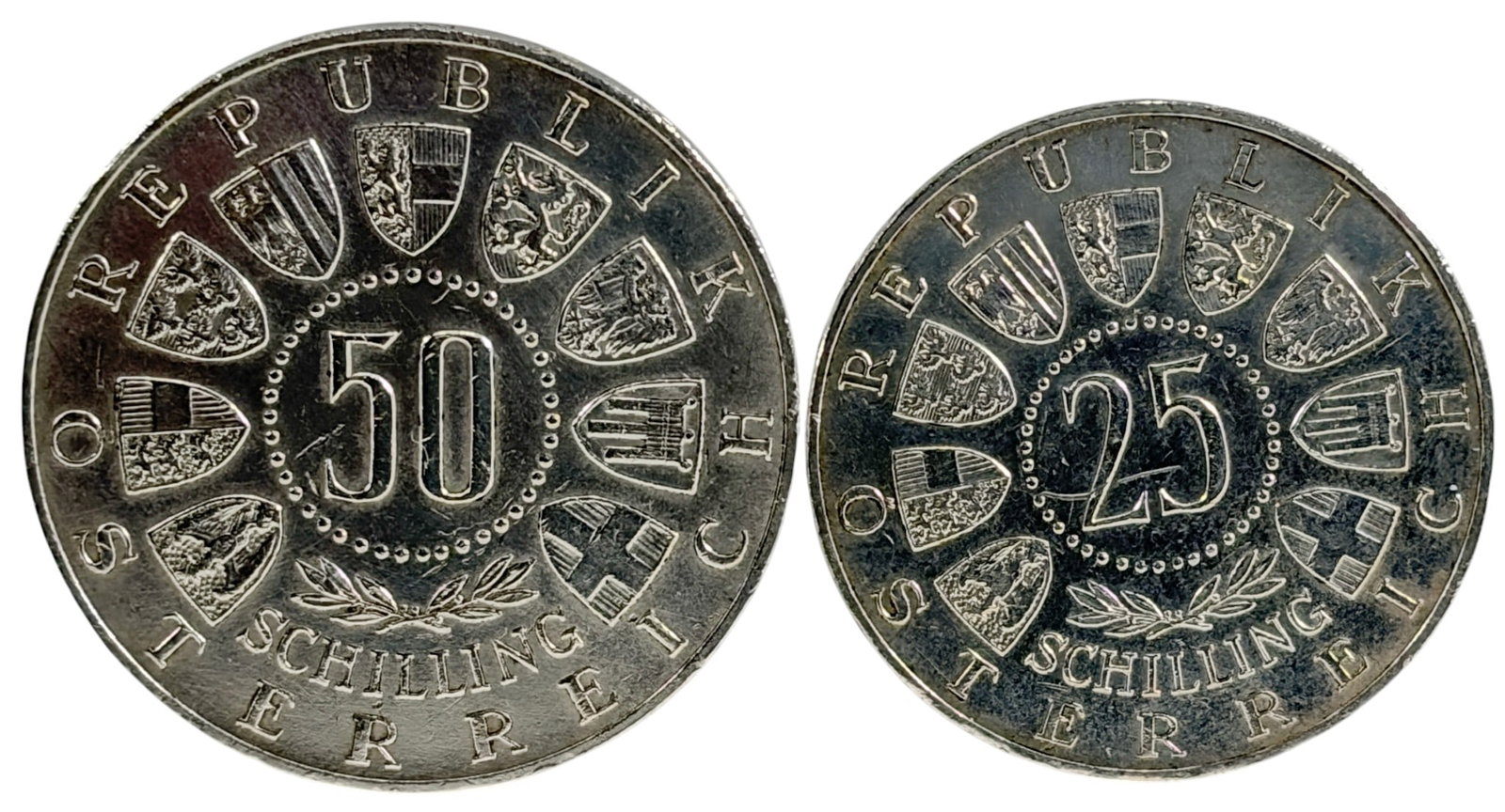 1958 1964 Austria Old Welsbach Silver Coins 2pcs: Austria 2 pieces of commemorative silver coins. Includes a 1958 25 Schilling honoring Carl Auer von Welsbach (1858-1929), composed of .800 silver, weighing 13 grams. Also includes a 1964 50 Schilling 