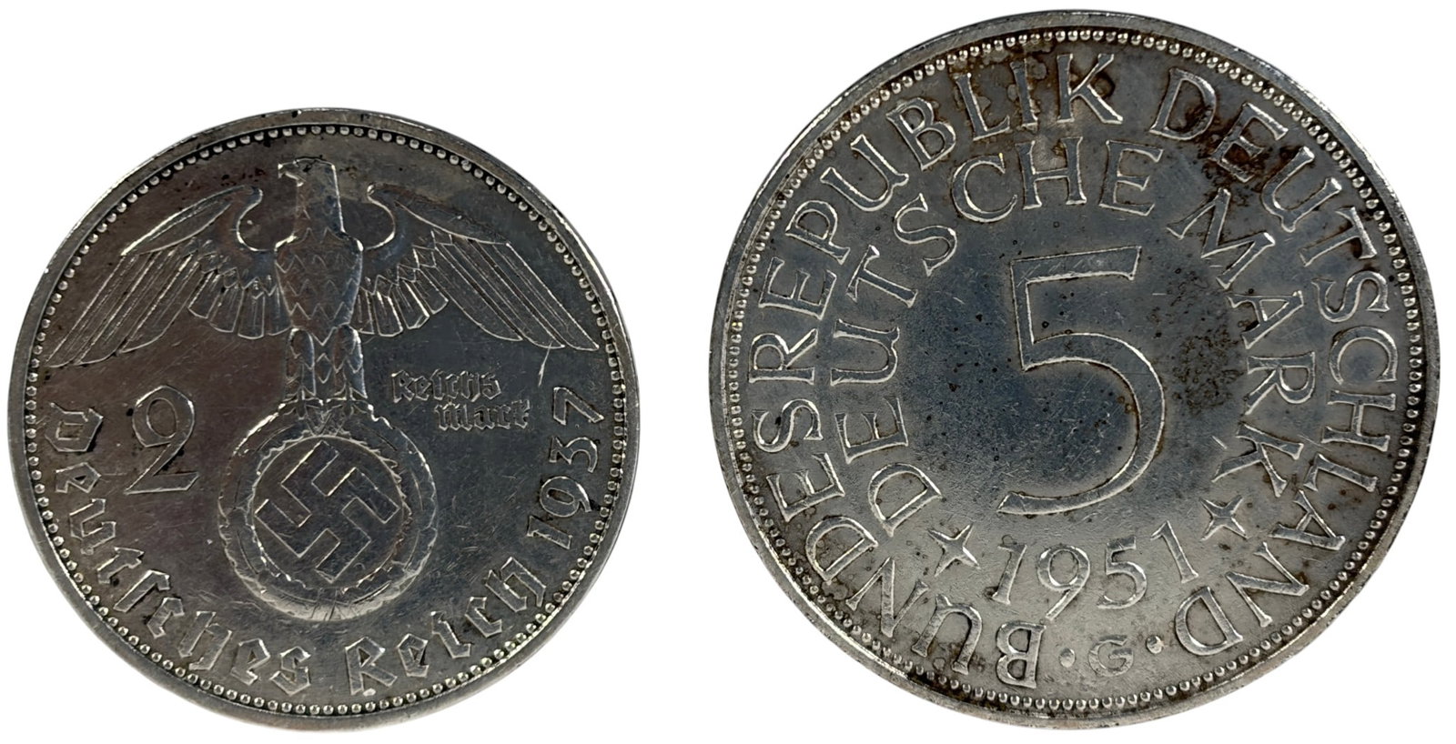 1937 1951 Germany Historical Silver Coins 2pc LOT: Two German silver coins comprising a 1937 Third Reich 2 Reichsmark featuring the portrait of Paul von Hindenburg and the national eagle reverse, and a 1951 Federal Republic 5 Deutsche Mark (KM#112.1) 