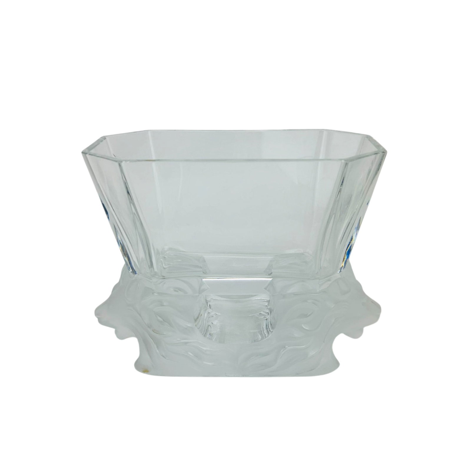 Lalique Crystal Venise Double Lion Head Vase Bowl: Lalique French clear and frosted crystal art glass centerpiece bowl. Features a clear, smooth, octagonal flared bowl supported by a heavily frosted, satin-finished crystal base molded in high relief w