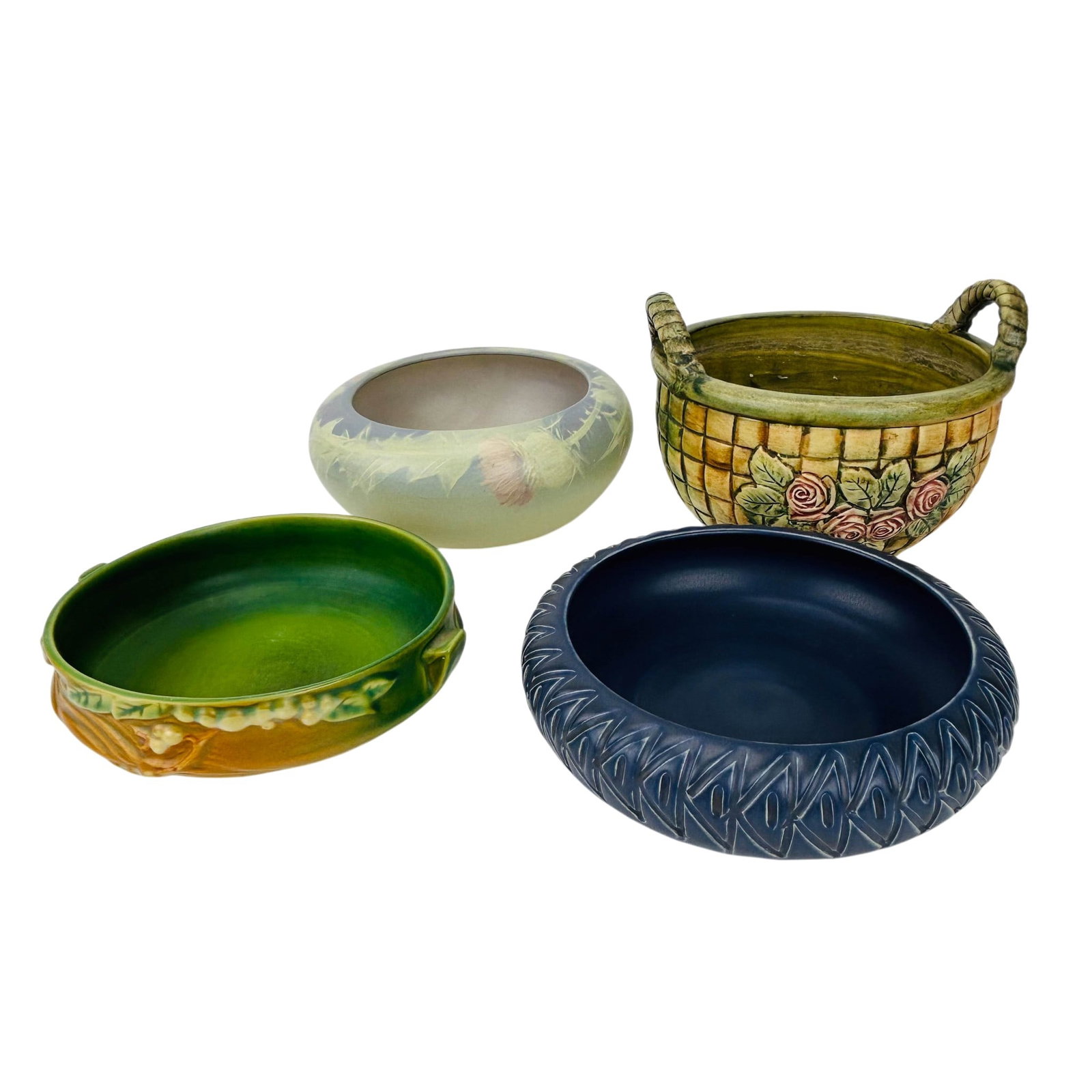 Soholm Roseville Weller Art Pottery Basket & Bowls: Lot of four ceramic art pottery forms. Includes a Soholm Stentoj Danish stoneware bowl in matte blue glaze with geometric border decoration, shape number 3603, a Weller pottery bowl with floral decora