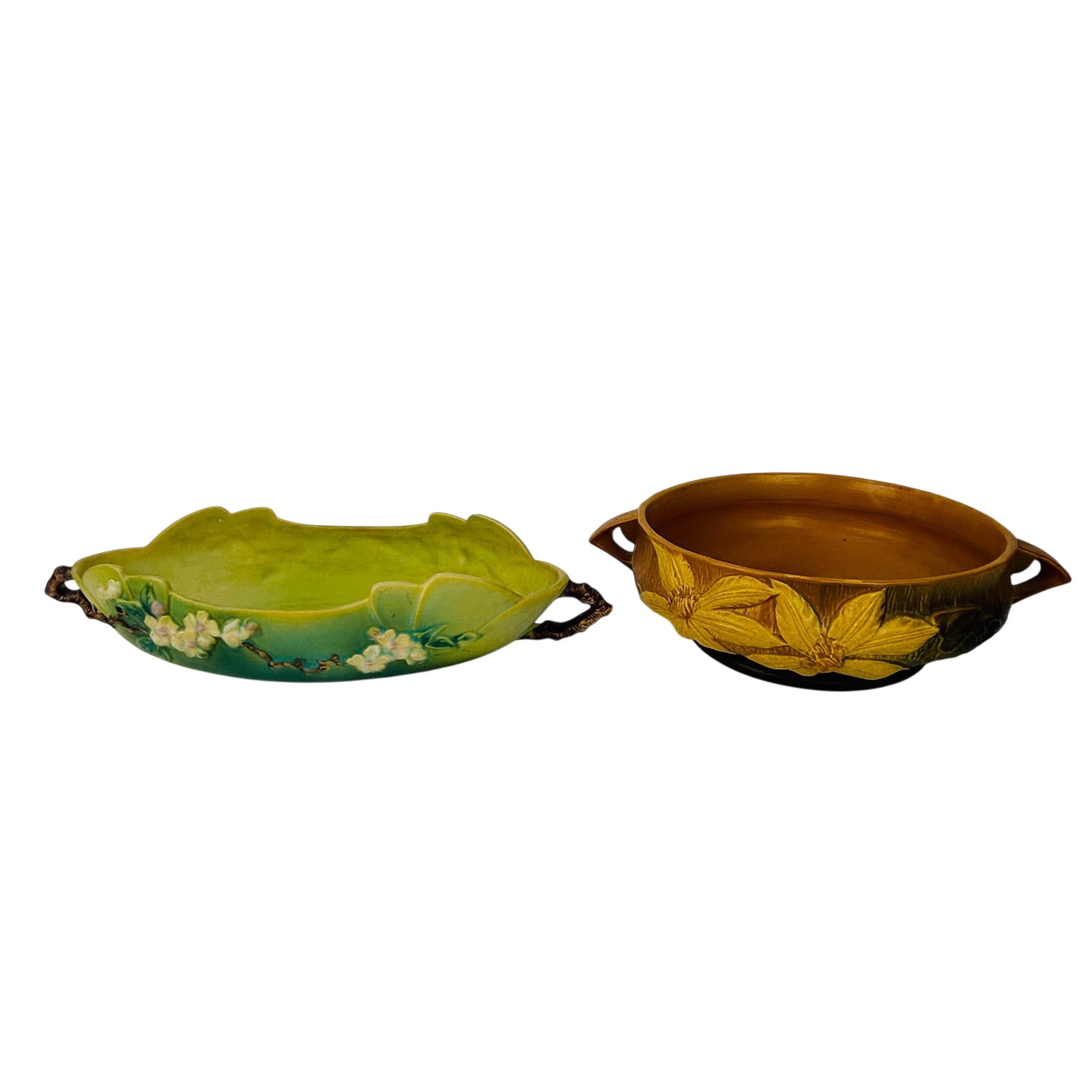 Roseville Clematis & Apple Blossom Centerbowls 2pc: Lot of two Roseville American art pottery centerpiece bowls comprising a Clematis pattern handled bowl, shape 415, in brown and green glaze with molded floral decoration, and an Apple Blossom pattern 