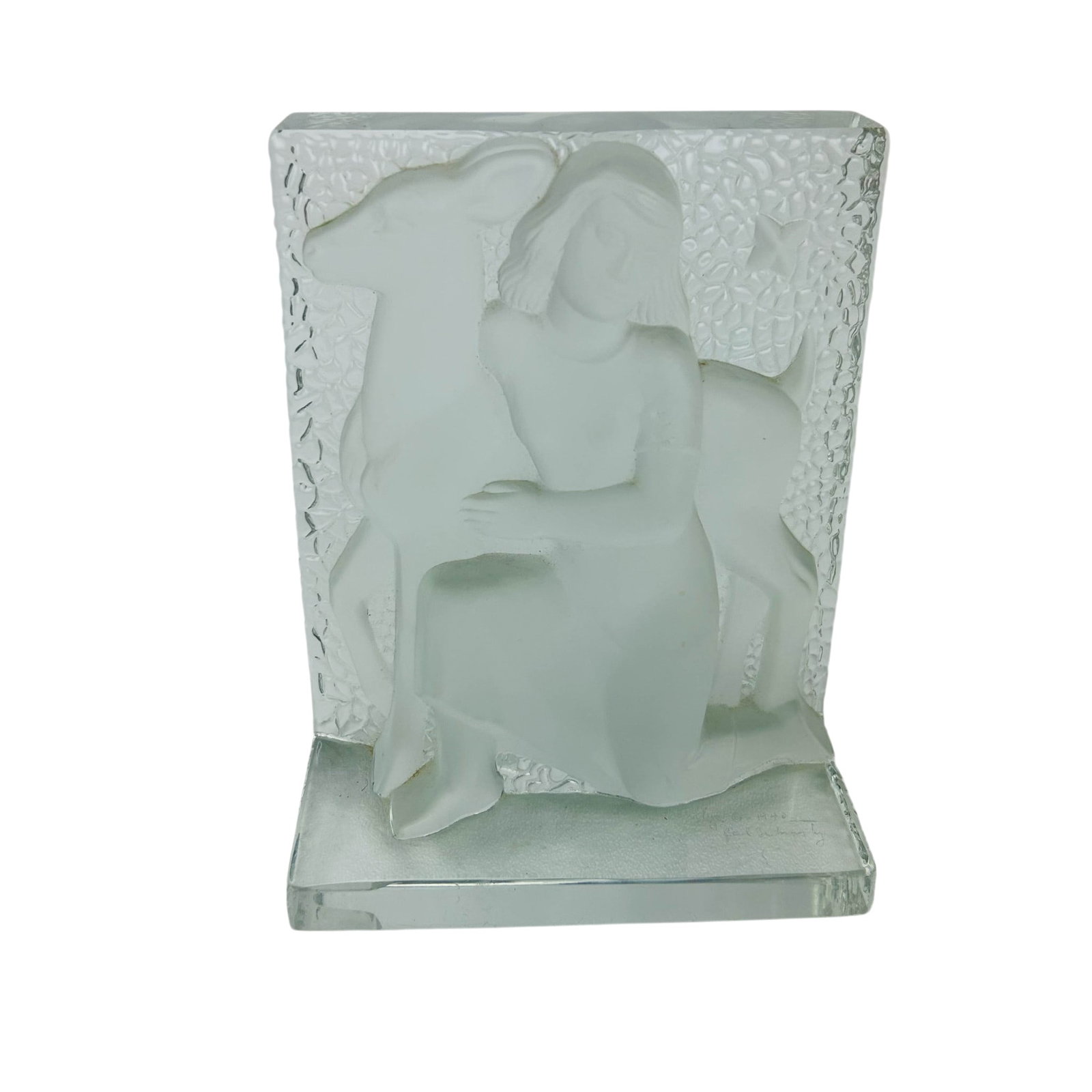 Verlys signed Carl Schmitz Girl w/ Deer Bookend: Frosted and clear molded art glass figural sculpture by Verlys signed Carl Schmitz, 1940. The piece depicts a seated female figure embracing a deer before a textured rectangular backdrop with stylized