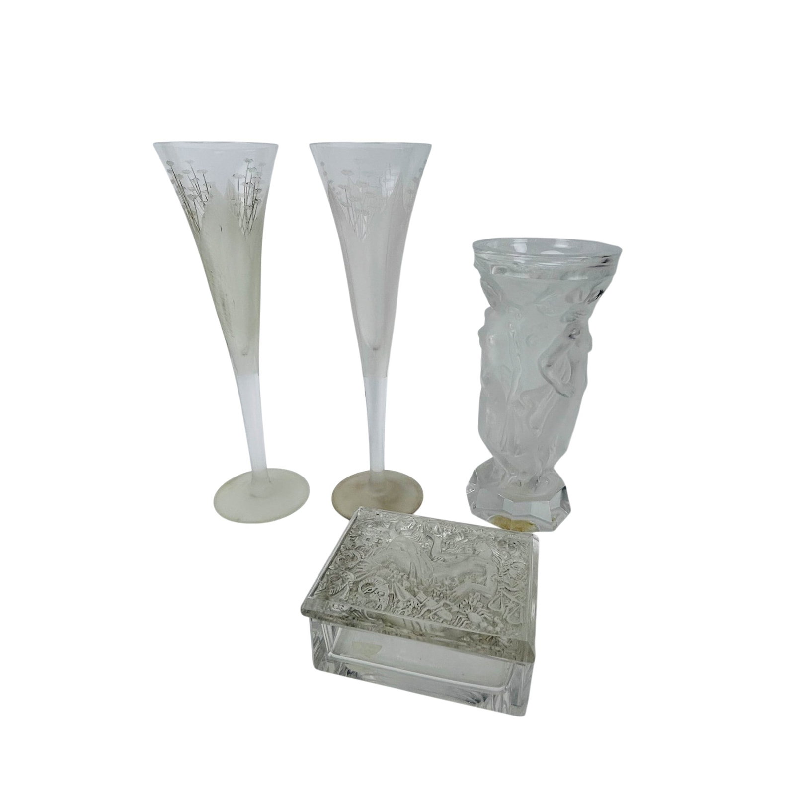 Art Deco Frosted Crystal Box, Vase & Flutes 3p LOT: Lot of three satin finish molded vessel, barware fluted champagne goblets and box. One featuring draped female forms in high relief above a faceted base, a rectangular crystal casket fitted with a lid