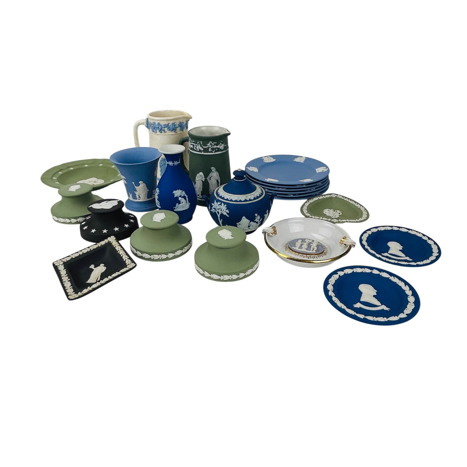 Wedgwood Blue Green and Black Jasperware 21pc LOT: Estate collection lot of Wedgwood Jasperware decorative articles in assorted colors and forms, total of twenty one examples. Includes desk paperweights, pitchers, vases, plates, dishes, ashtrays and o