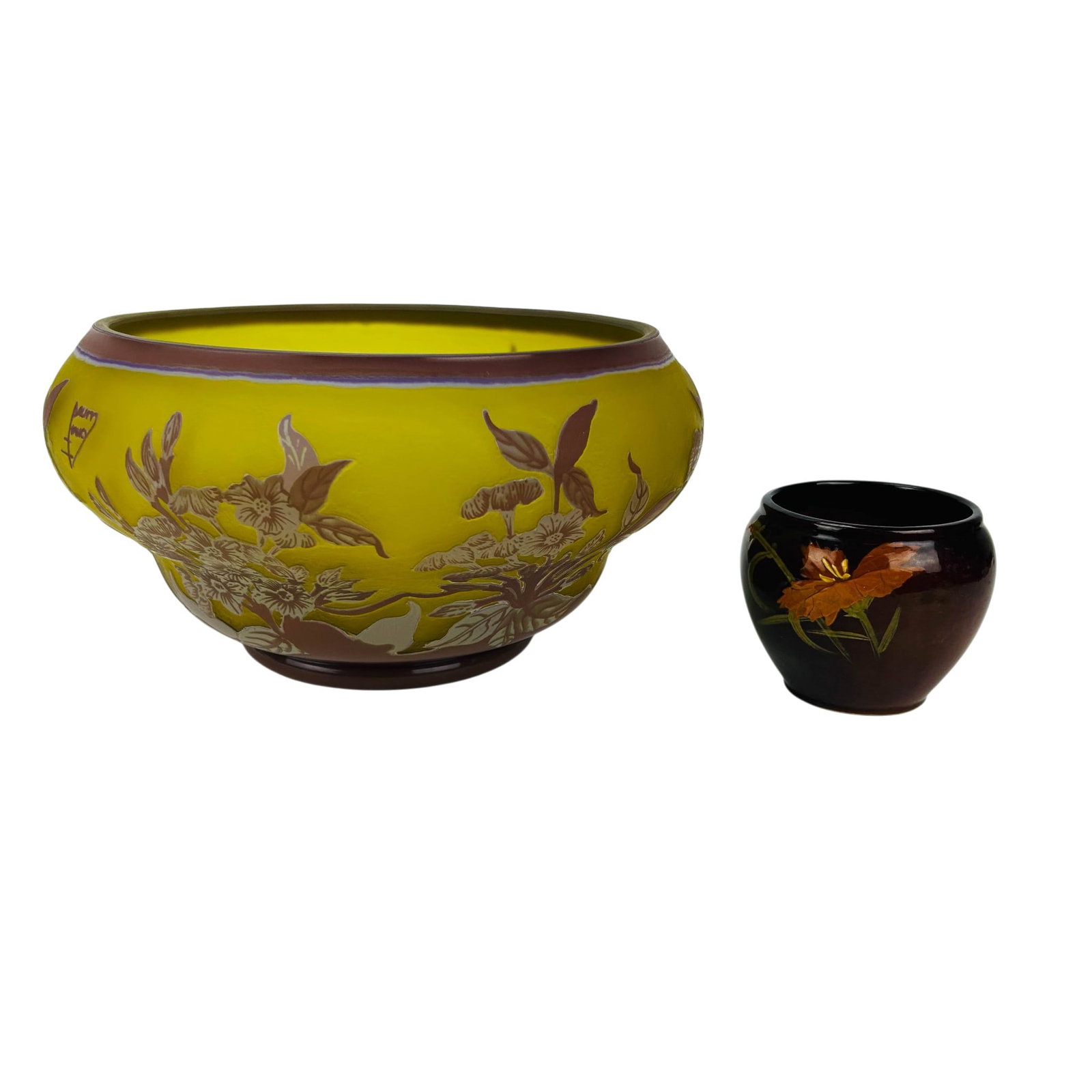Cameo Acid Etched Art Glass Centerbowl after Daum: French Art Nouveau cameo art glass vase after Emile Galle (French, 1846-1904). Decorated with an acid-etched and carved floral and foliate motif encircling the body. Satin finished yellow ground with 