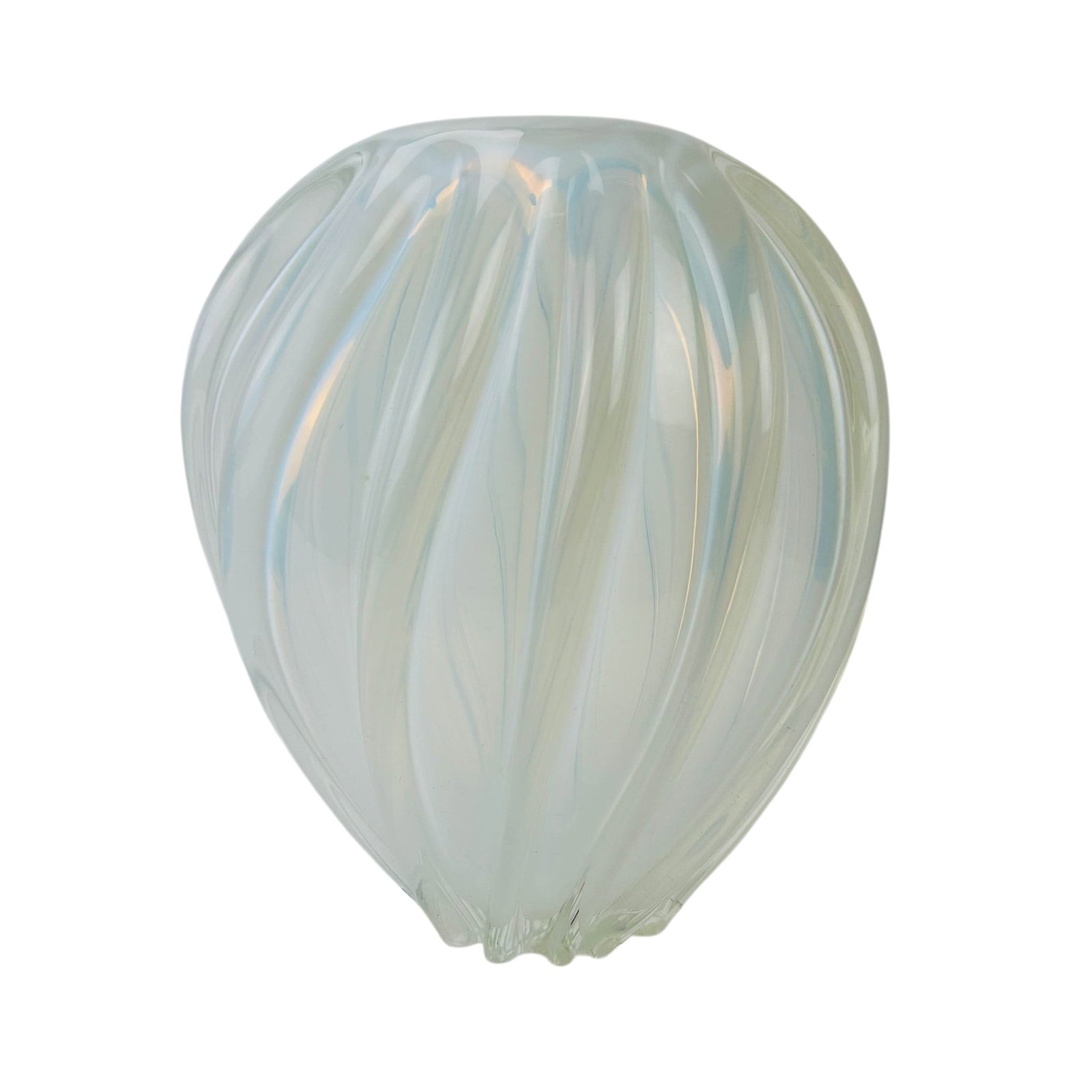 Larry Laslo for Mikasa Opalescent Swirl Glass Vase: Large contemporary art glass vase by Larry Laslo for Mikasa. Of rounded baluster form with a wide circular mouth. Features an opalescent white ground with flowing vertical swirl ribs and molded lobed 