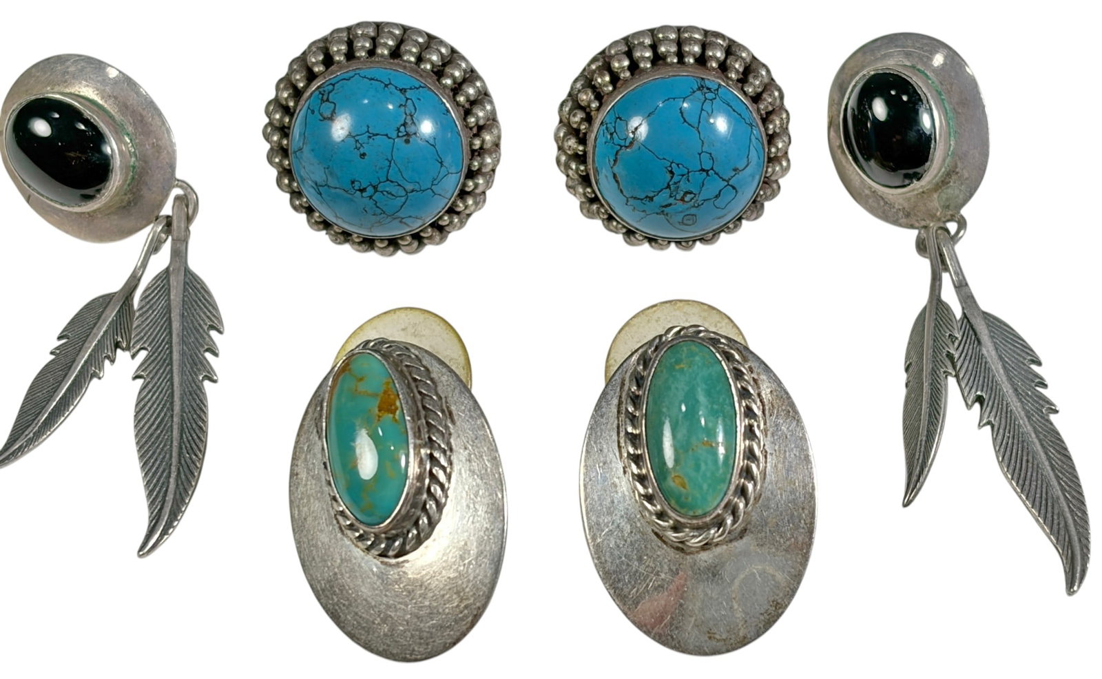 Sterling Silver Turquoise & Onyx Earrings 6pc LOT: Six pieces lot of sterling silver earrings featuring Southwestern-inspired designs. The lot includes one pair with oval green turquoise cabochons, total weight 6.2 grams; one pair with round blue turq