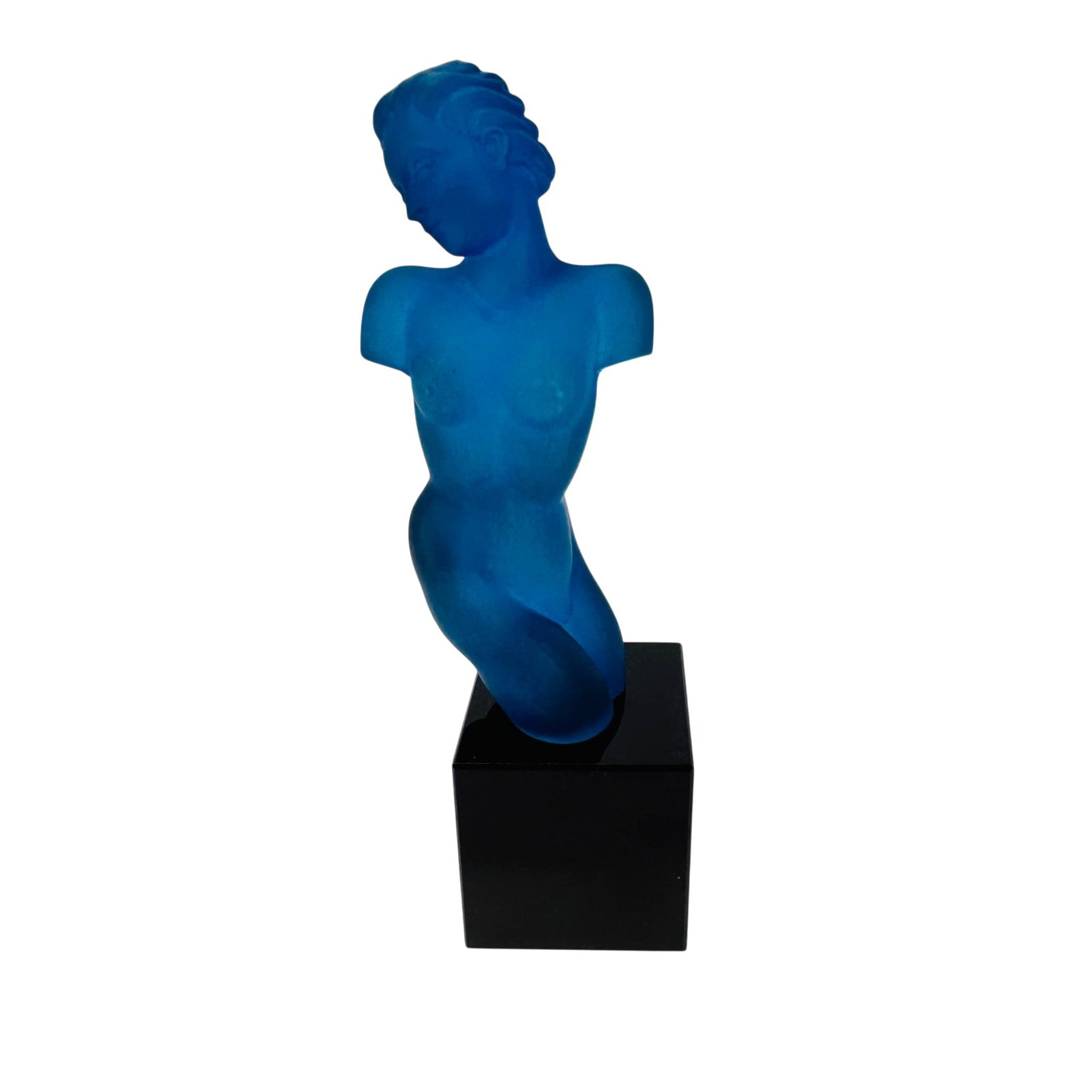 Art Deco Frosted Blue Crystal Torso after Lalique: Frosted cobalt blue crystal figural sculpture depicting a stylized female torso in a twisting pose. Mounted on a polished black pedestal base. The work features Art Deco inspired modeling with detaile