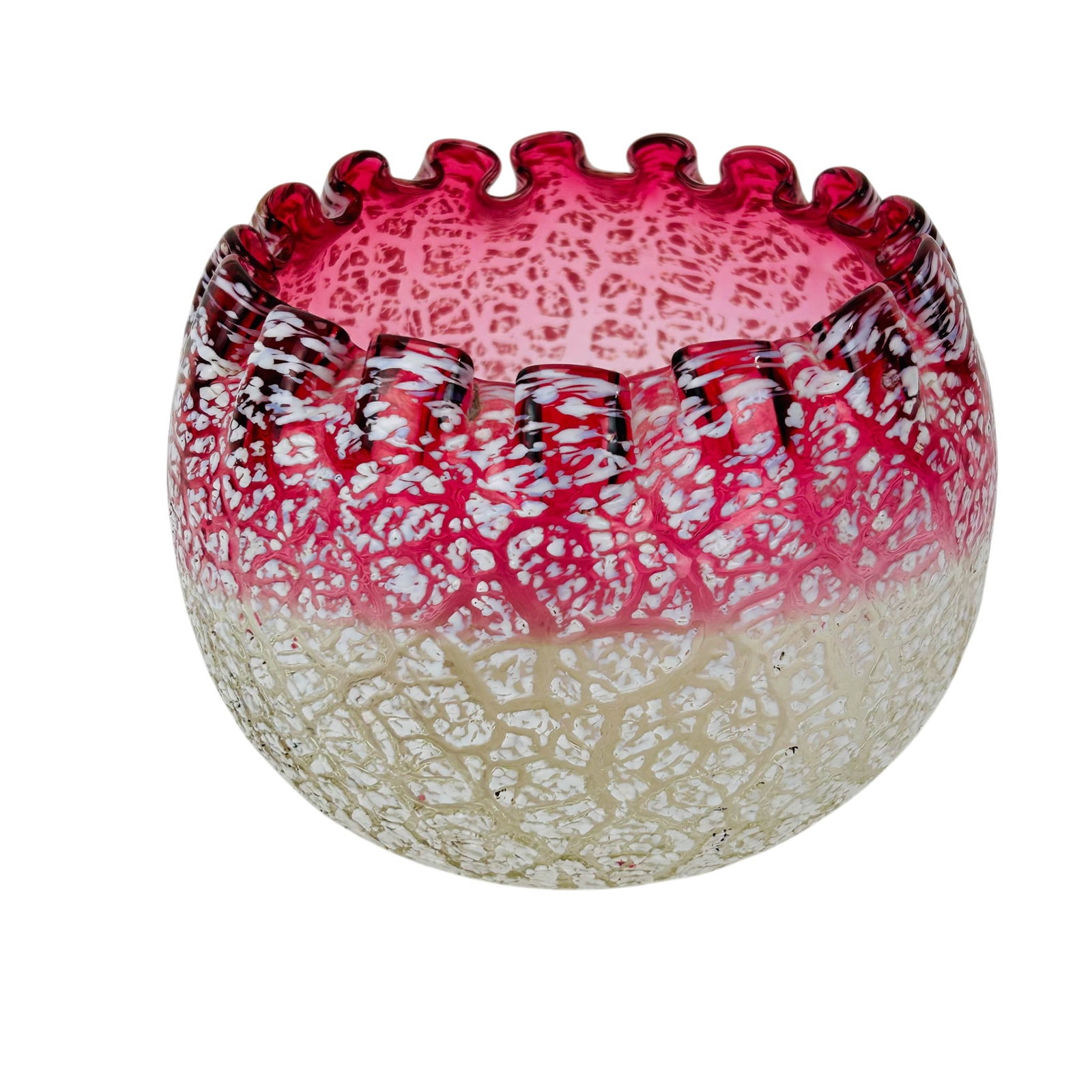 Hobbs Brockunier Snowstorm Rubina Art Glass Bowl: Antique late 19th century Victorian art glass rose bowl made by J.H. Hobbs, Brockunier and Company. Pattern refered to as Snowstorm. Features a cranberry to clear color gradient with opaque white snow
