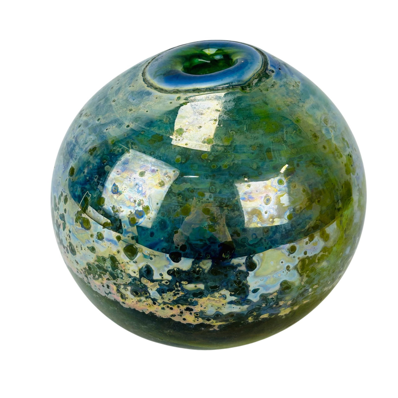 Mottled and Iridescent Studio Art Glass Orb SIGNED: Contemporary studio hand blown art glass vase of spherical orb form with a small circular opening. Decorated with mottled blue, green, and cream coloration, featuring iridescent and metallic inclusion