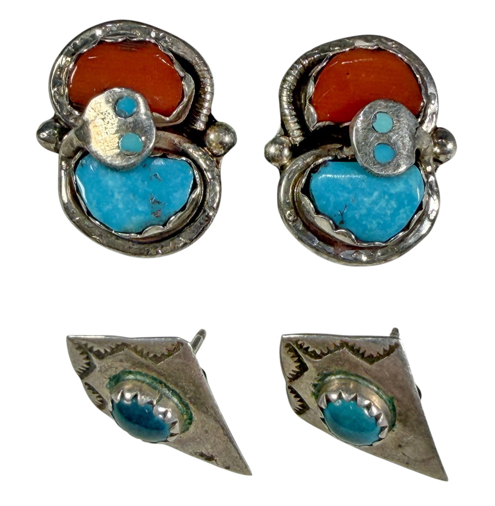Sterling Silver Turquoise & Coral Earrings 4pc LOT (1 of 6)