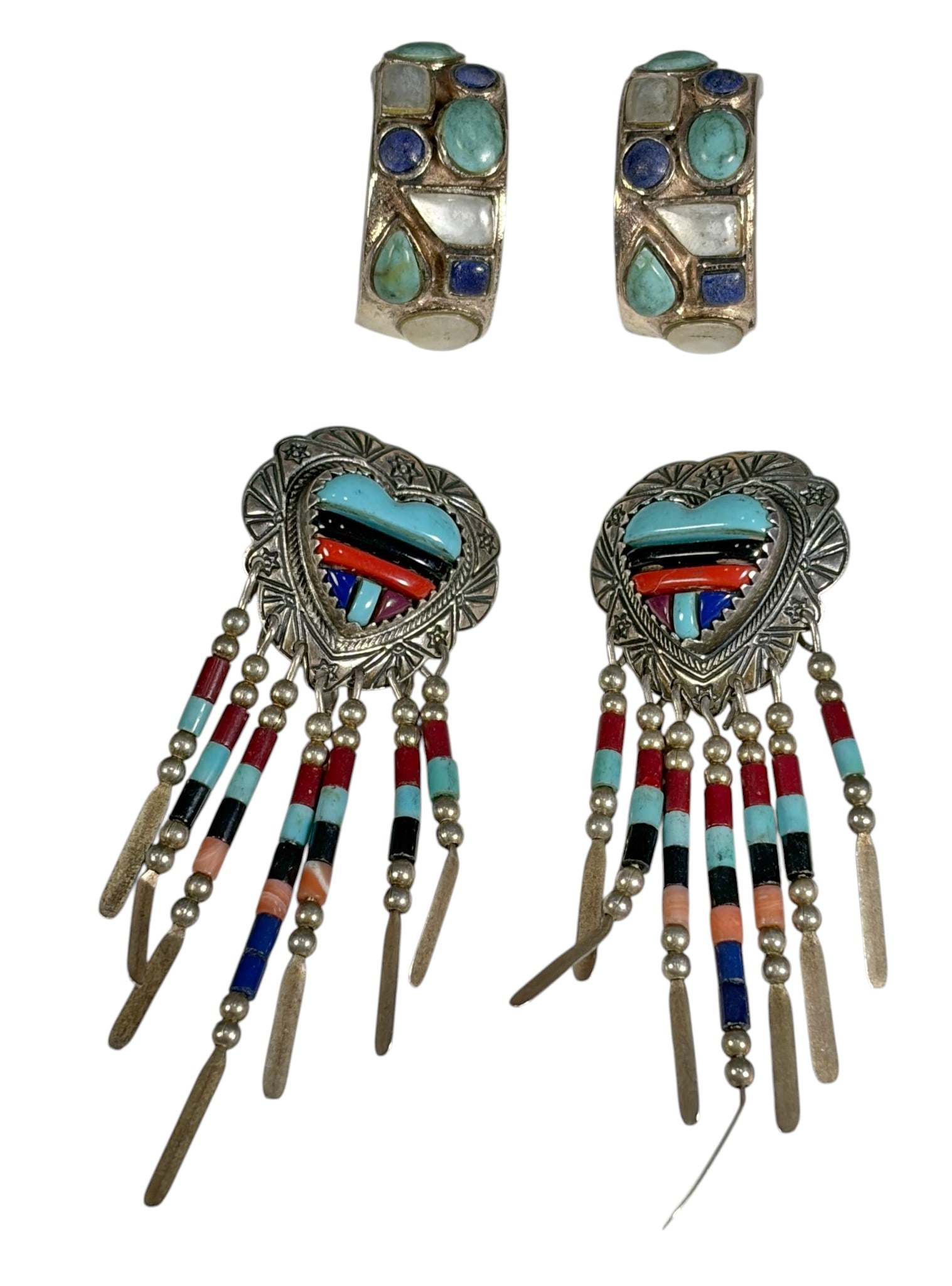 Navajo Sterling Silver Inlay Dangle & Hoop Earrings 4pcs: Navajo includes one pair of heart-shaped dangle earrings with multicolor stone inlay and bead fringe, weighing 8.7 grams total, and one pair of half-hoop earrings with multicolor stone inlay, weighing