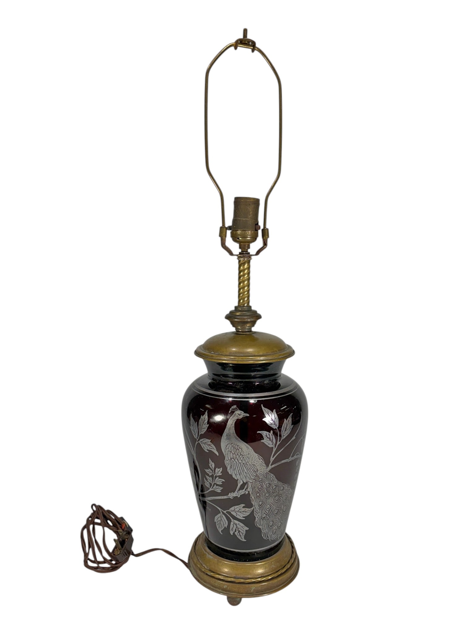 Art Deco Cobalt Porcelain Lamp w/ Sterling Overlay: Art Deco style table lamp featuring a cobalt blue porcelain body with sterling silver overlay decoration depicting a peacock perched among flowering branches. Mounted with brass-tone metal base, cap, 