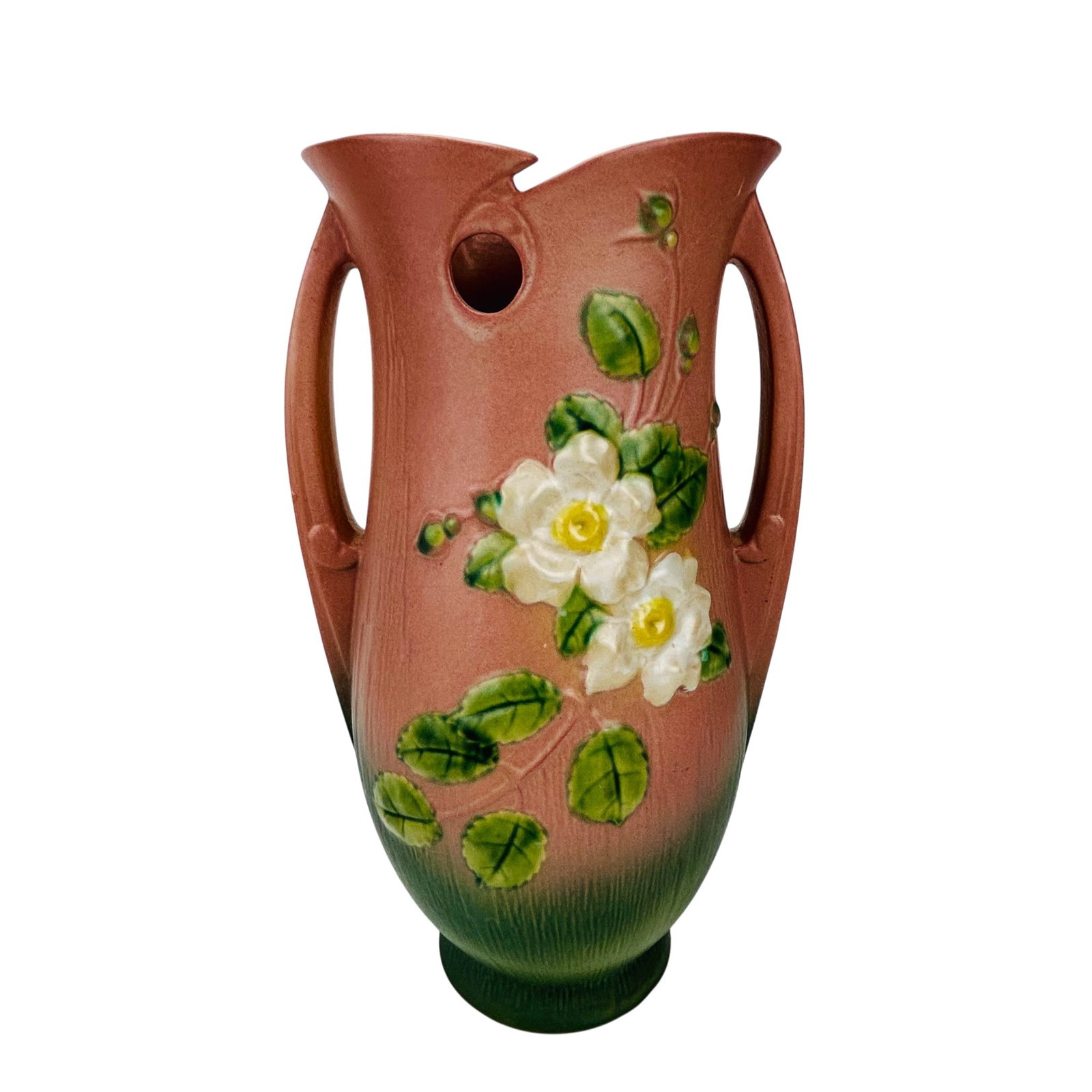 Roseville Art Pottery White Rose 1940 Floor Vase: Roseville Pottery White Rose pattern circa 1940 floor vase, shape 991-12. Featuring a pink ground with molded white blossoms, green foliage, and bud motifs in relief. Baluster form with twin open hand