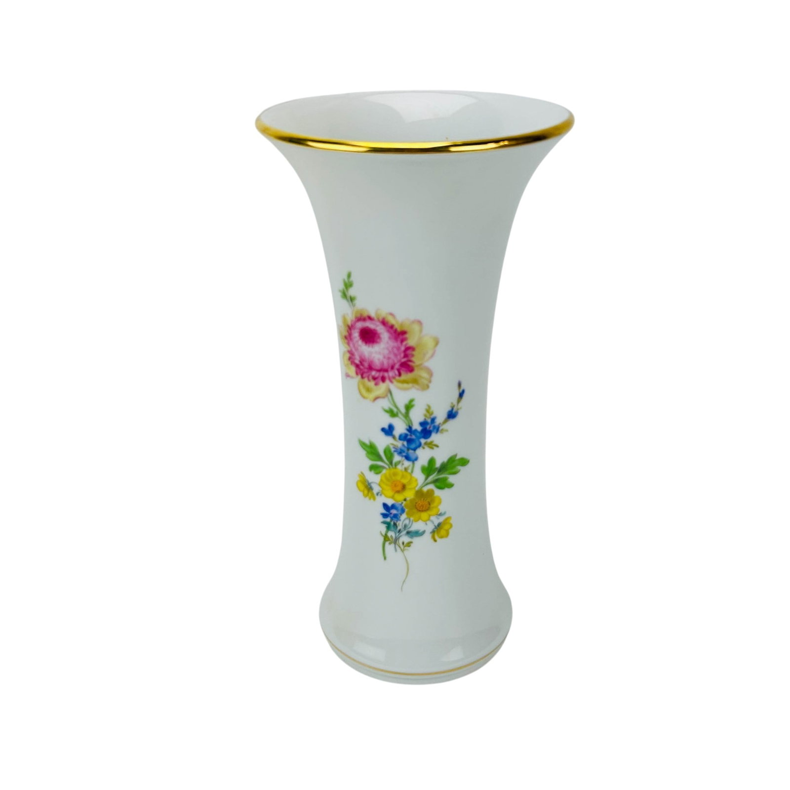 Meissen Floral Handpainted Porcelain Trumpet Vase: Meissen Germany trumpet form porcelain vase decorated with handpainted floral sprays and botanical motif on a white ground and accented with gilt rim trim. Decoration features polychrome flowers inclu