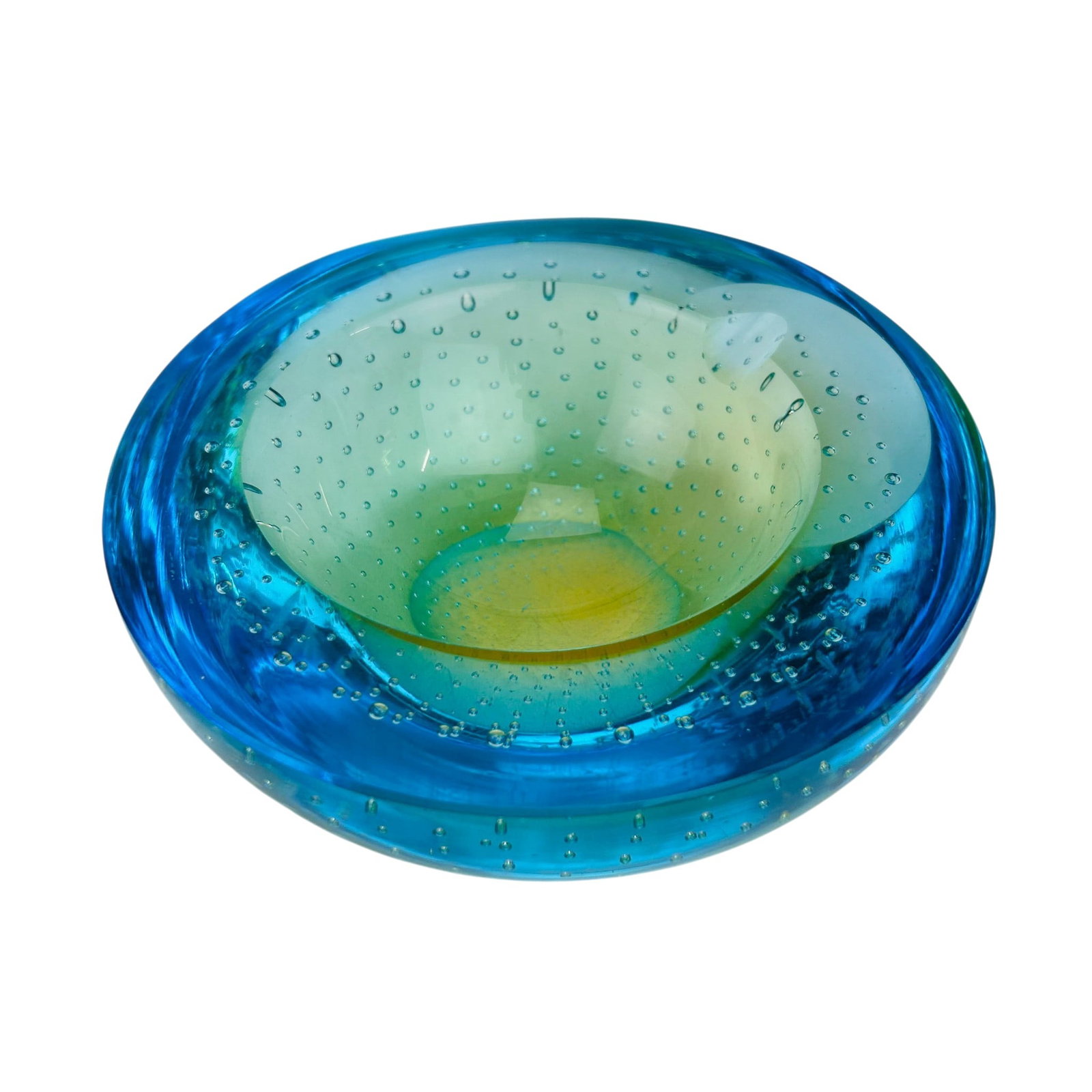 Murano Mid Century Sommerso Cased Ashtray Bowl: Murano studio hand blown art glass bowl in sommerso (submerged) cased glass construction. Features an aqua blue and green colorway with controlled bubble decoration throughout, thick sculptural walls,