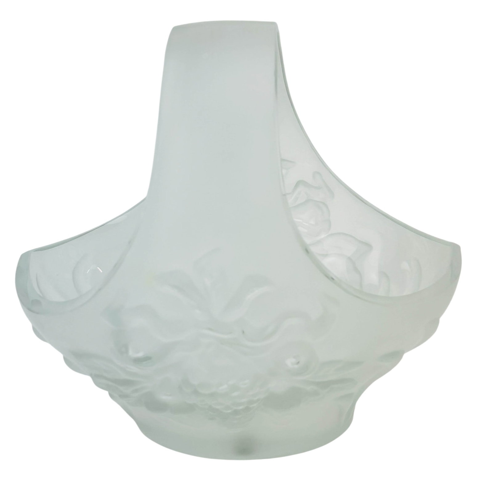Bohemian Czech Frosted Crystal Fruit Relief Basket: Bohemian Czech frosted crystal basket featuring molded fruit and foliate relief decoration. Work showcases a tall central handle, scalloped rim, and satin frosted finish with polished accents highligh