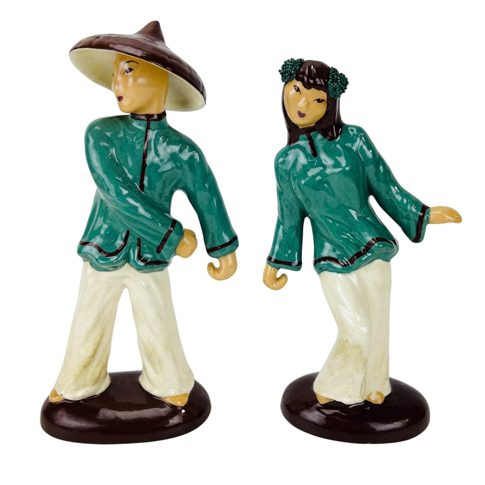 Hedi Schoop California Pottery Ceramic Figurine PR: Pair of Hedi Schoop (born Hedwig Schoop, Swiss 1906-1995) Hollywood California ceramic figural sculptures. Depicting a male and female figure in stylized Asian inspired dress. The male figure wears a 