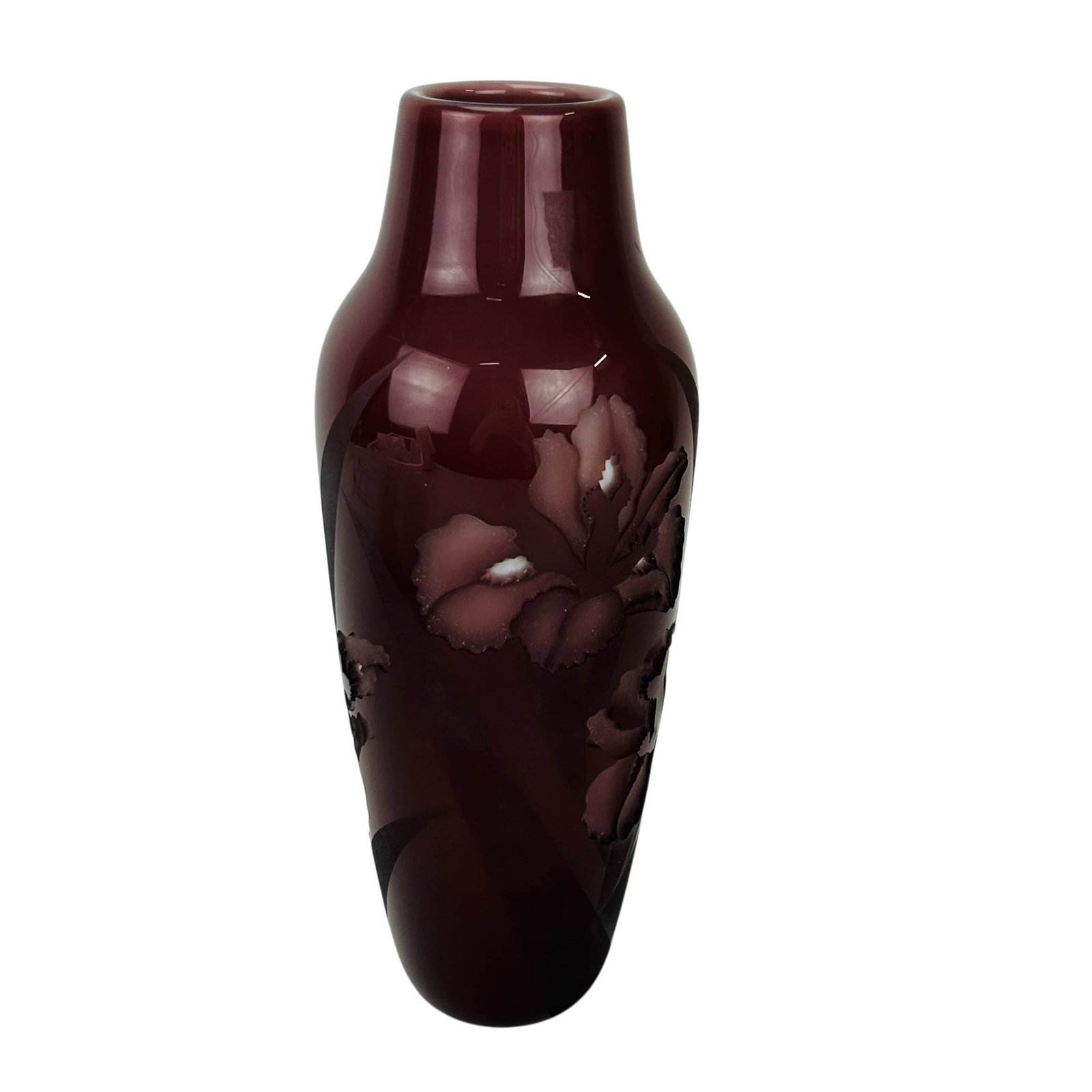 Nourot Glass signed Valerie Surjan 11" Cameo Vase: Artisan hand blown glass vase by Valerie Surjan (American, born 1946) in collaboration with Nourot Glass Studio. Of baluster form with a mauve to burgundy ground. Decorated with acid etched cameo iris