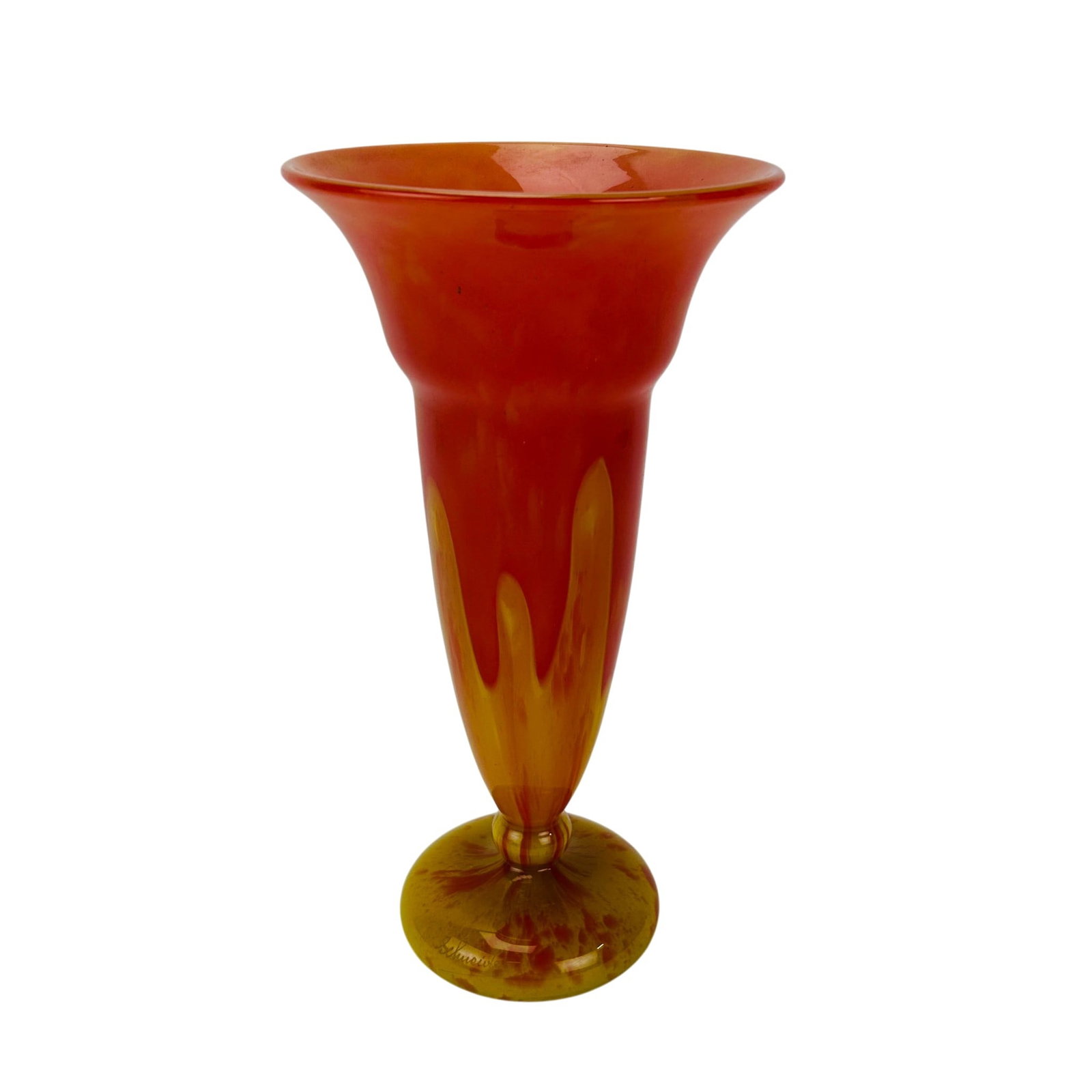 Schneider French Glass Orange & Yellow Vase SIGNED: Charles Schneider (French, 1881-1953) Art Deco studio hand blown glass vase. Trumpet form example with flared rim and circular foot. Decorated in mottled orange and yellow coloration with splash effec