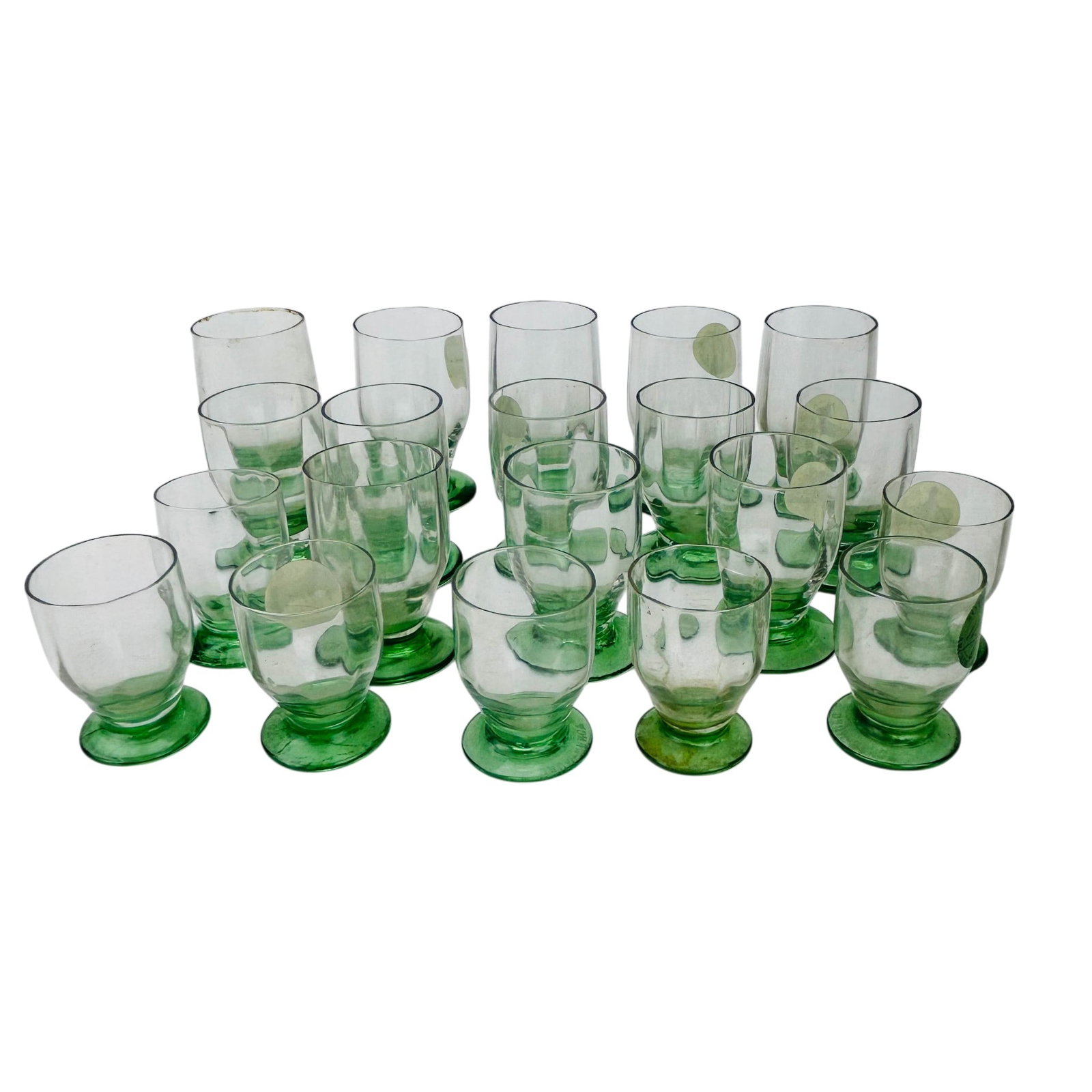 Daum Nancy Crystal Shot Glass Cordials 20pc LOT: Group of twenty Daum Nancy France green tinted glasses featuring clear bowls and translucent emerald-toned feet. The assortment includes examples of varying heights and capacities suitable for cordial
