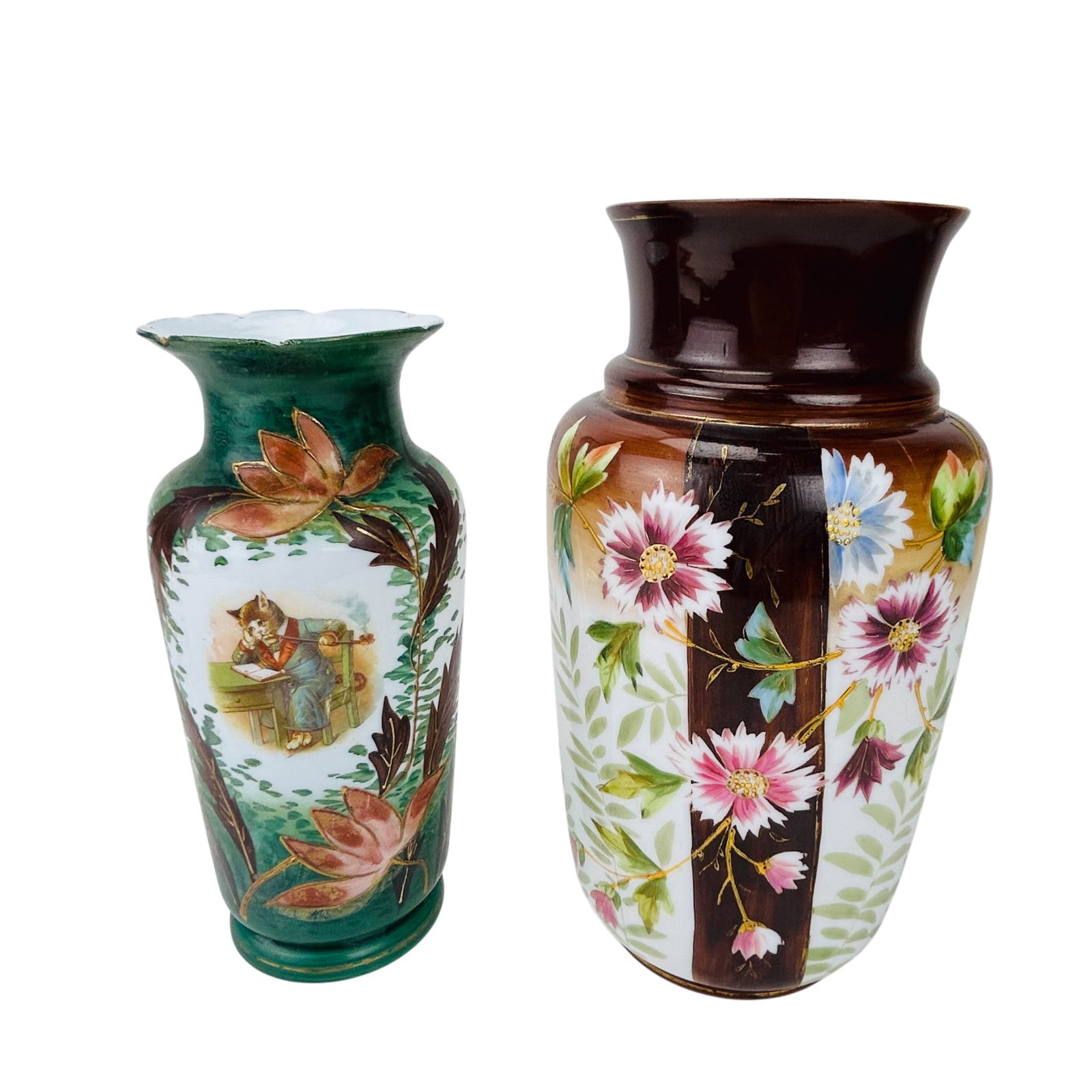 Bristol Victorian Art Glass Floral & Cat Vase 2pc: Victorian Bristol glass cabinet vases, lot of two. One example displays hand painted floral motifs with gilt accents on a white and brown ground. The companion piece features a transfer image of an an