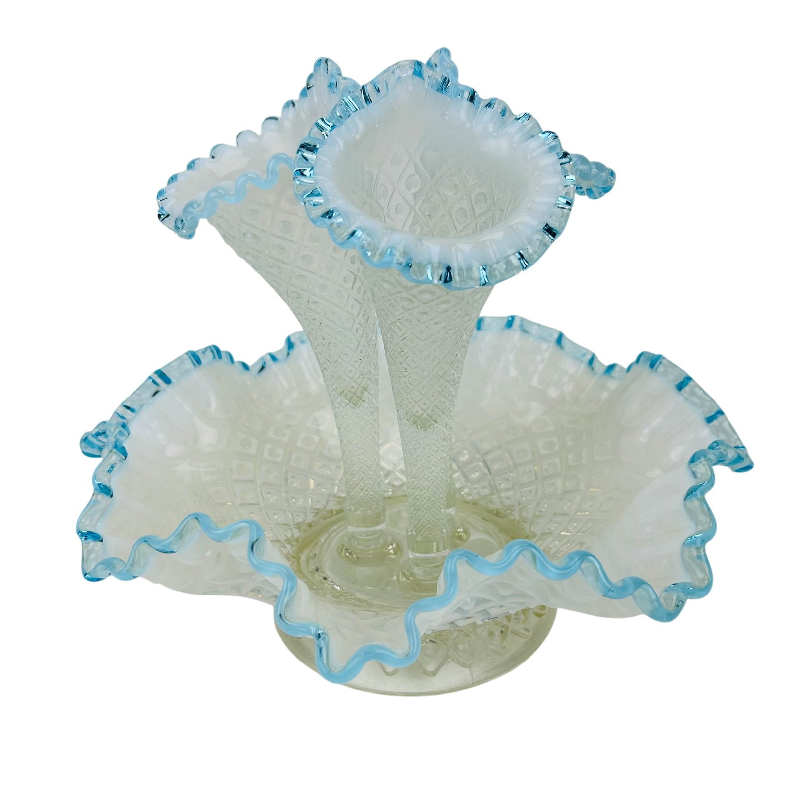 Fenton Blue Opalescent Diamond Lace 3 Horn Epergne (1 of 3)