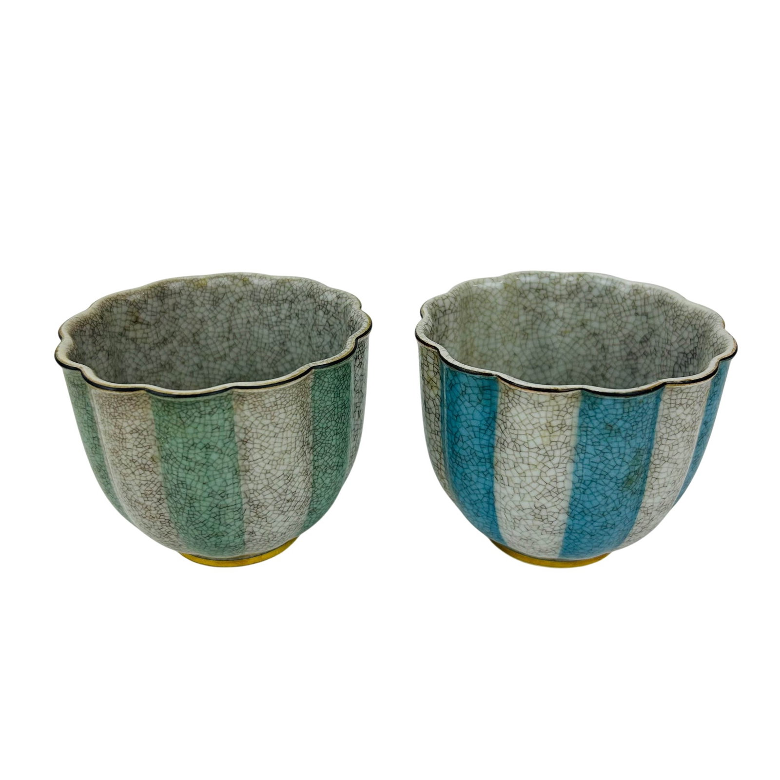 Royal Copenhagen Porcelain Crackle Glaze Bowl2 2pc: Pair of Royal Copenhagen Denmark Mid Century Modern porcelain bowls designed by Thorkild Osvald Olsen (Danish, 1890-1973). Each bowl features alternating vertical bands in pale blue and gray with an a