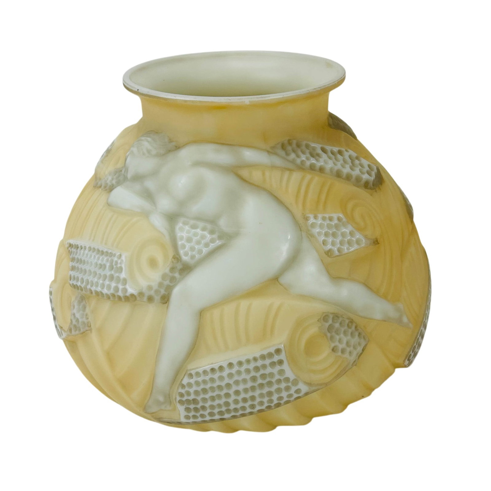 Henri Dieupart Simonet Freres Nymph in Waves Vase: Henri Dieupart (French, 1888-1928) for Simonet Freres (Paris) Nymph in Waves molded glass vase. Circa 1925. The Art Deco period inspired example showcases a nude figure dramatically postured in a sea 