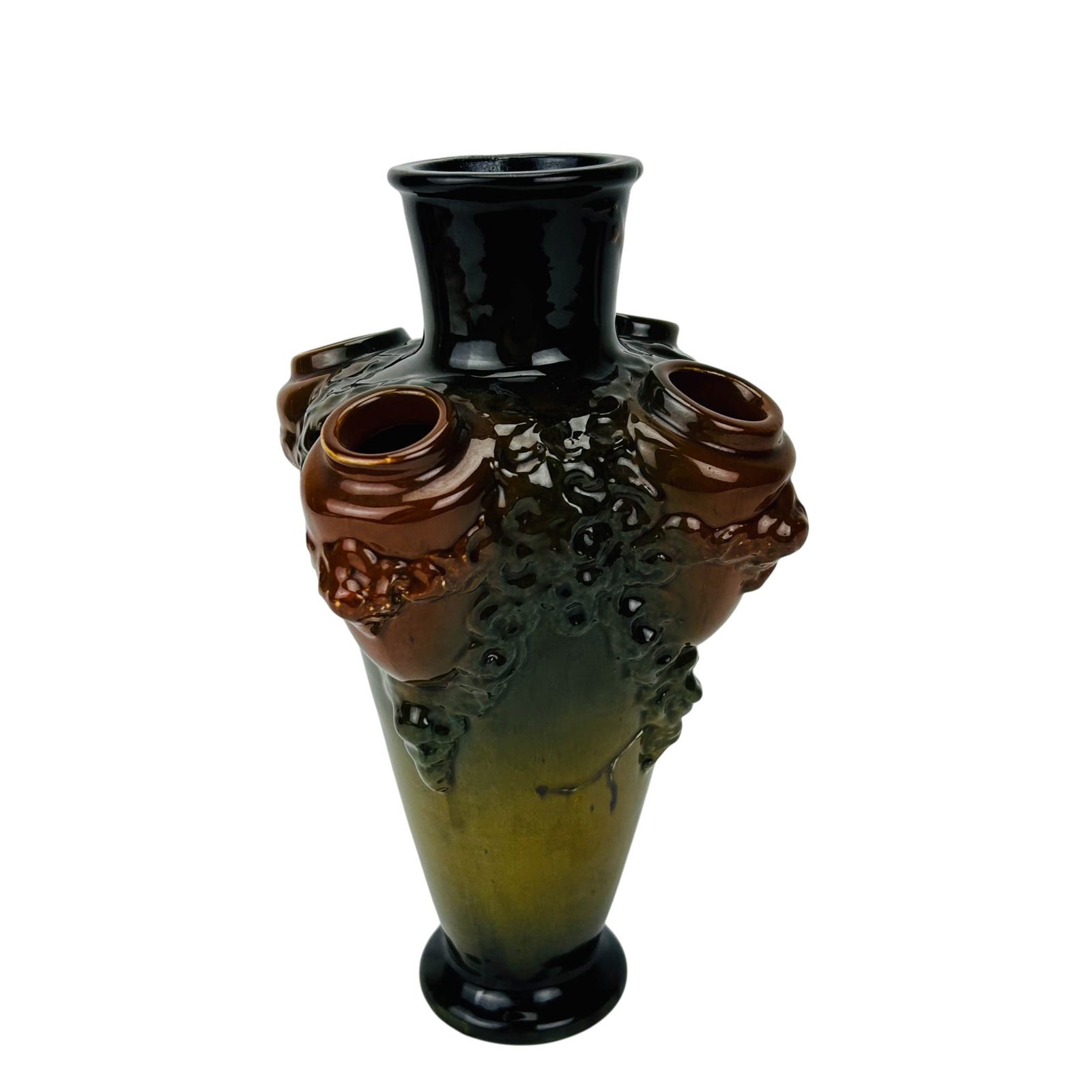 Vance Faience Co. Art Nouveau 11" Tulipiere Vase: Vance Faience Co. art pottery vase, form No. 117. Modeled by Rudolf Lorber (Austrian, 1872-1952). Baluster body with flared neck and four auxiliary trumpet form spouts arranged around the shoulder. De
