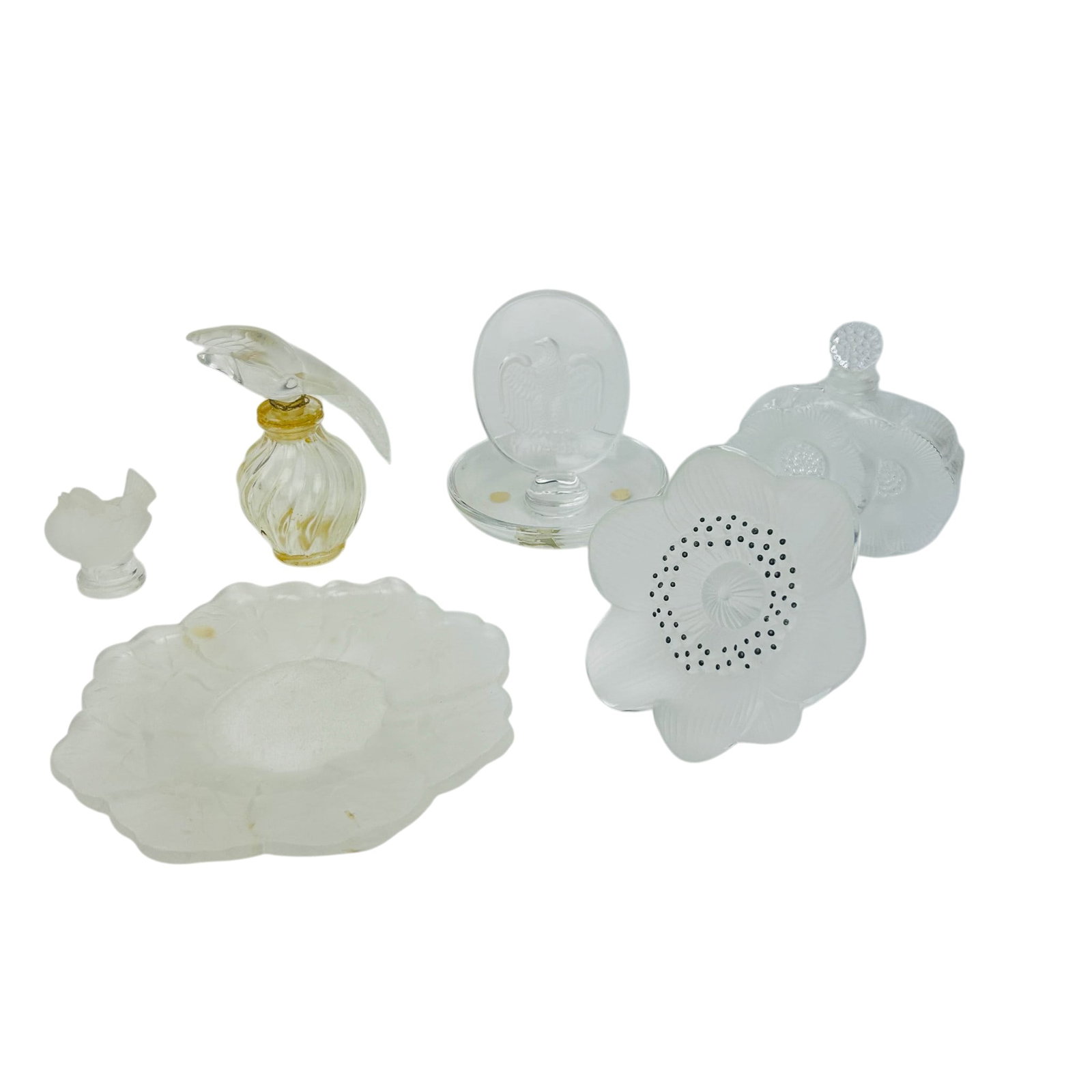 Lalique Crystal Perfume Bottle Seal Stopper 6p LOT: Group of six Lalique French frosted crystal and clear art glass decorative objects. Includes a Bicentennial eagle medallion display marked 1776-1976, a Deux Fleurs floral form perfume bottle with stop