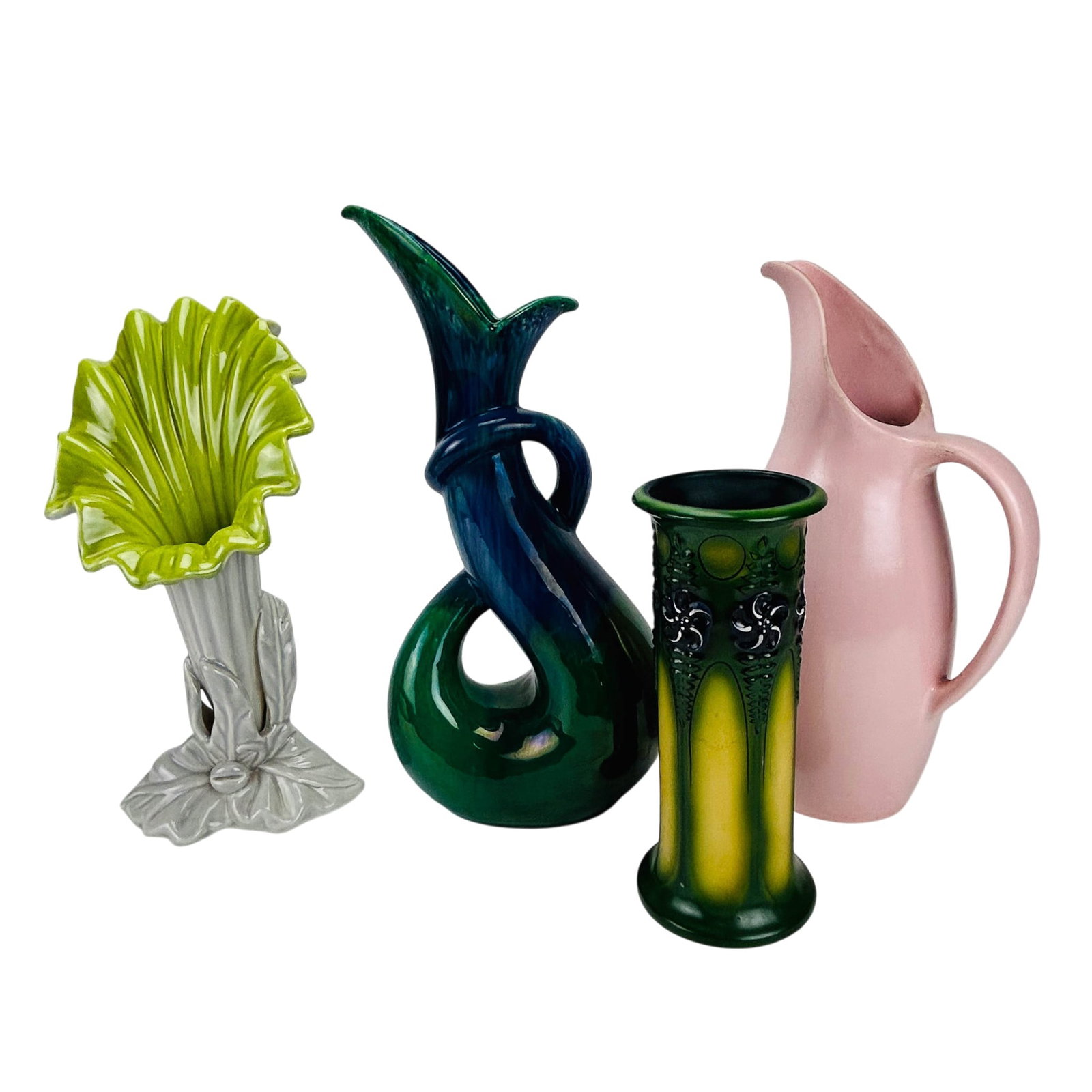 Royal Haeger Art Pottery Ceramic Vessel Vases LOT: Group of four decorative American art pottery and ceramic vessels comprising a Royal Haeger pink ewer, model R-4, a Royal Haeger blue and green loop-handled sculptural form, model 483, a Royal Haeger 