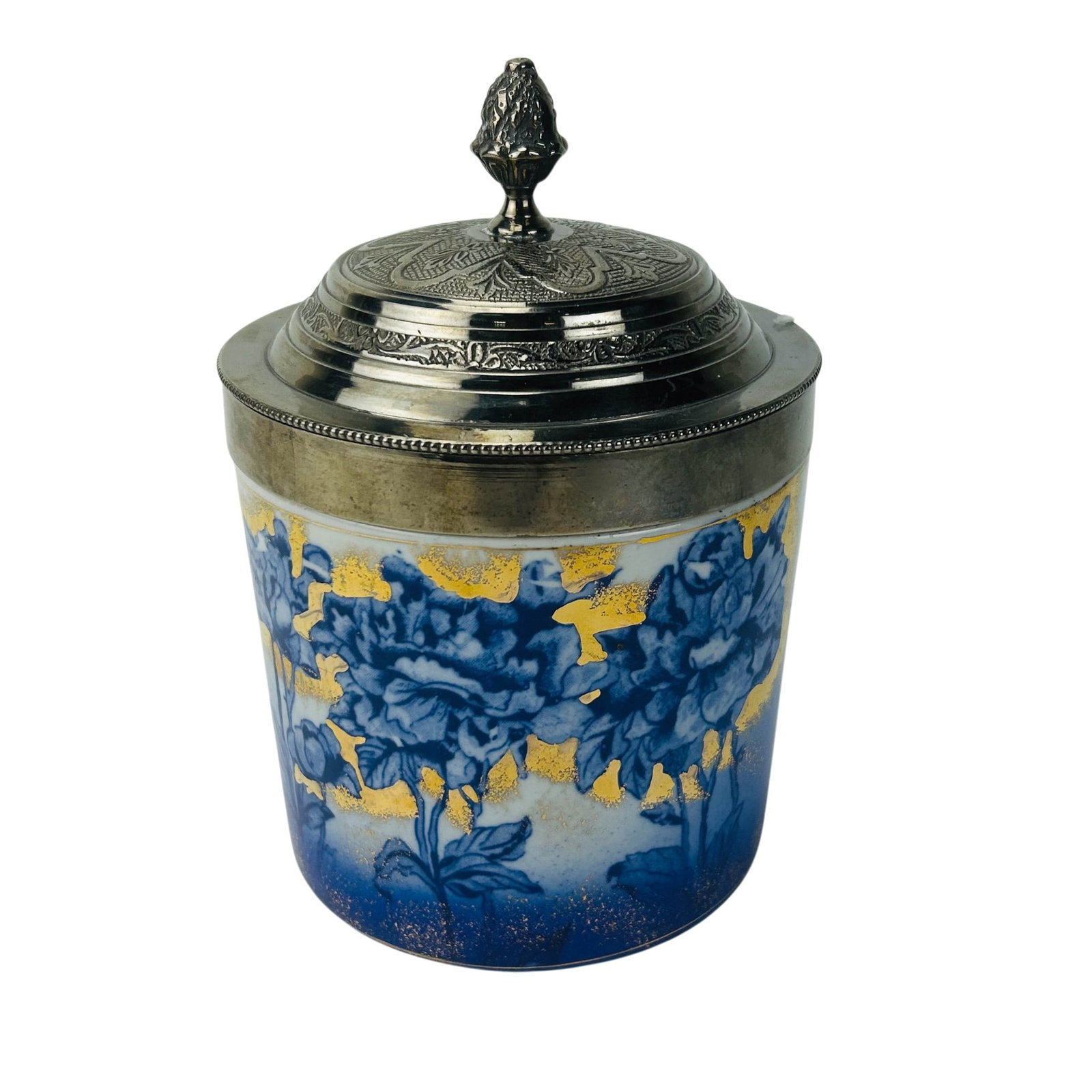 Royal Doulton Flow Blue Biscuit Barrel Lidded Jar: Royal Doulton English porcelain biscuit barrel decorated in cobalt flow blue floral motif with gilt highlights. Fitted with an engraved silver plate hinged lid and finial. Underside bears Royal Doulto