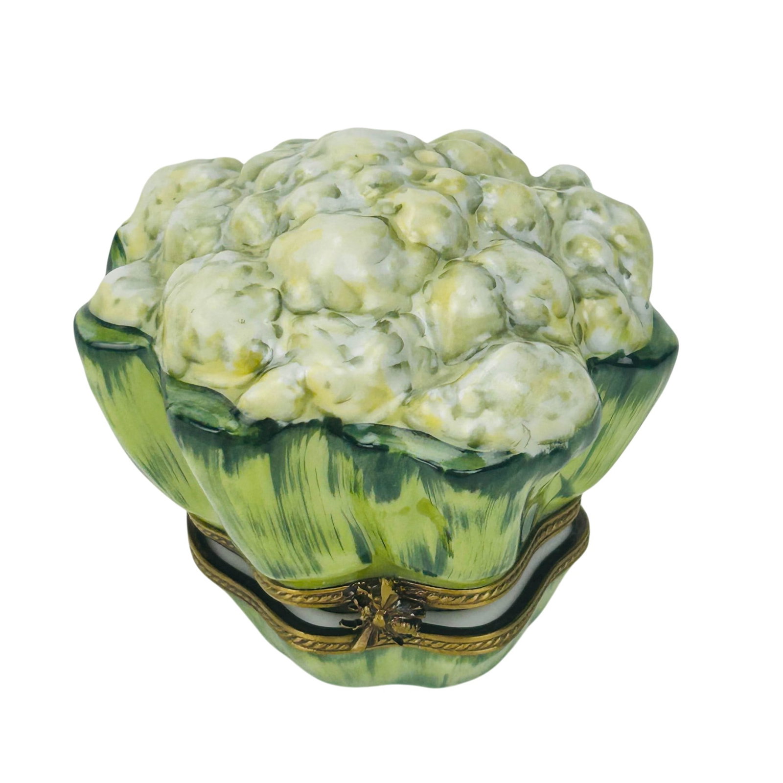 DuBarry Limoges Porcelain Cauliflower Trinket Box: DuBarry Limoges France hand painted porcelain jewelry coin storage box. Modeled as a cauliflower head with green glazed leaves and a gil -tone metal mounted hinged closure featuring an insect form cla
