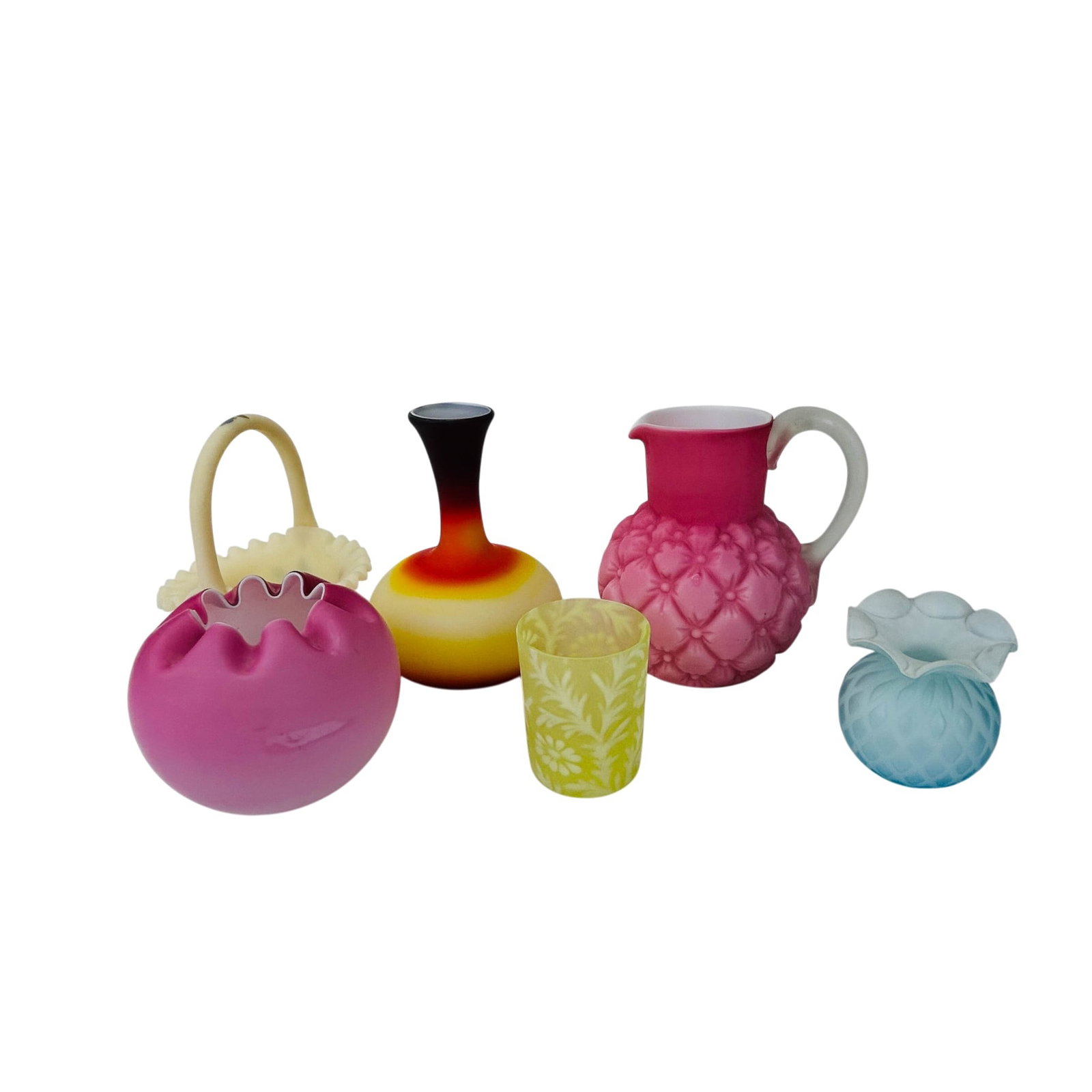 Peachblow Mt Washington Webb Fenton Glass 6p LOT: Collection of six Victorian-era glass decorative wares comprising an Imperial Peachblow vessel, a Mount Washington pink satin rose bowl, a Fenton Daisy and Fern drinking glass, a Fenton custard glass 