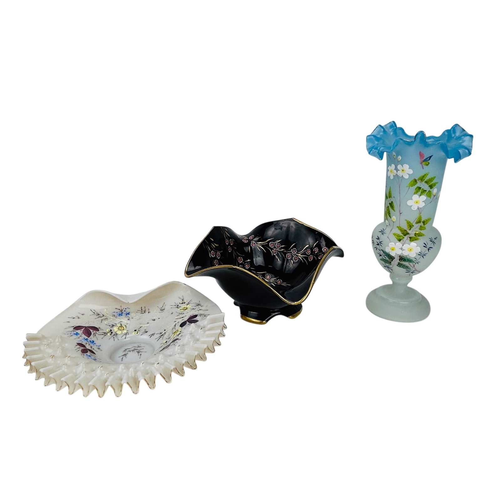 Bristol, Opalescent & Imperial Glass Bowl Vase 3pc: Three decorative art glass pieces comprising a hand painted Bristol opalescent pedestal vase with ruffled blue rim and enamel floral and butterfly decoration, a white opalescent glass celery tray feat