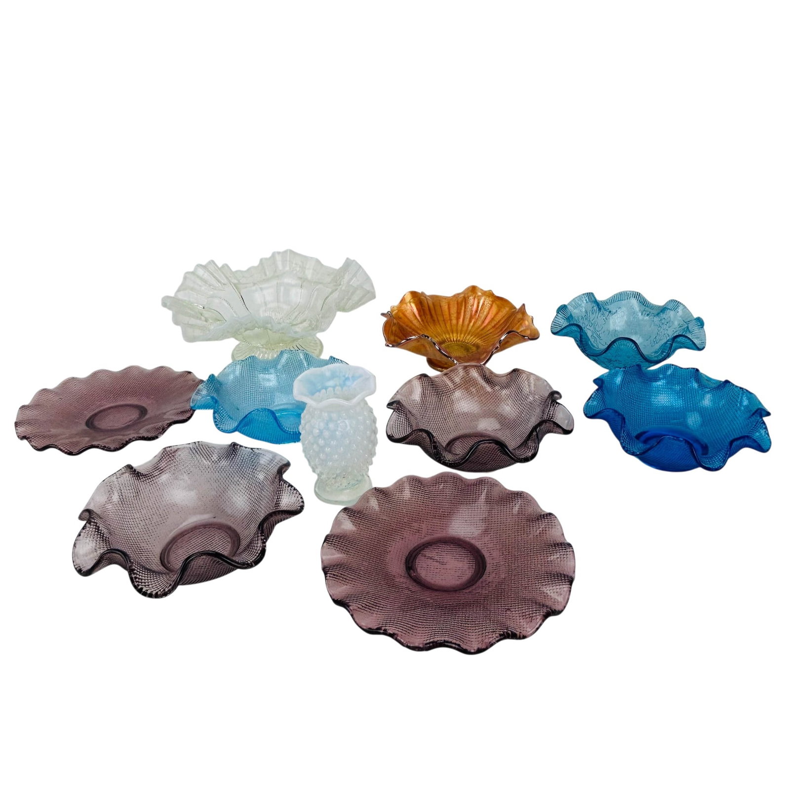 Fenton, Anchor Hocking & Carnival Glass 10pc LOT: Collection of ten decorative glassware including a Fenton opalescent hobnail miniature vase, a opalescent ruffled rim beaded design compote, a Fenton iridescent carnival glass bowl, six Colony Italy b