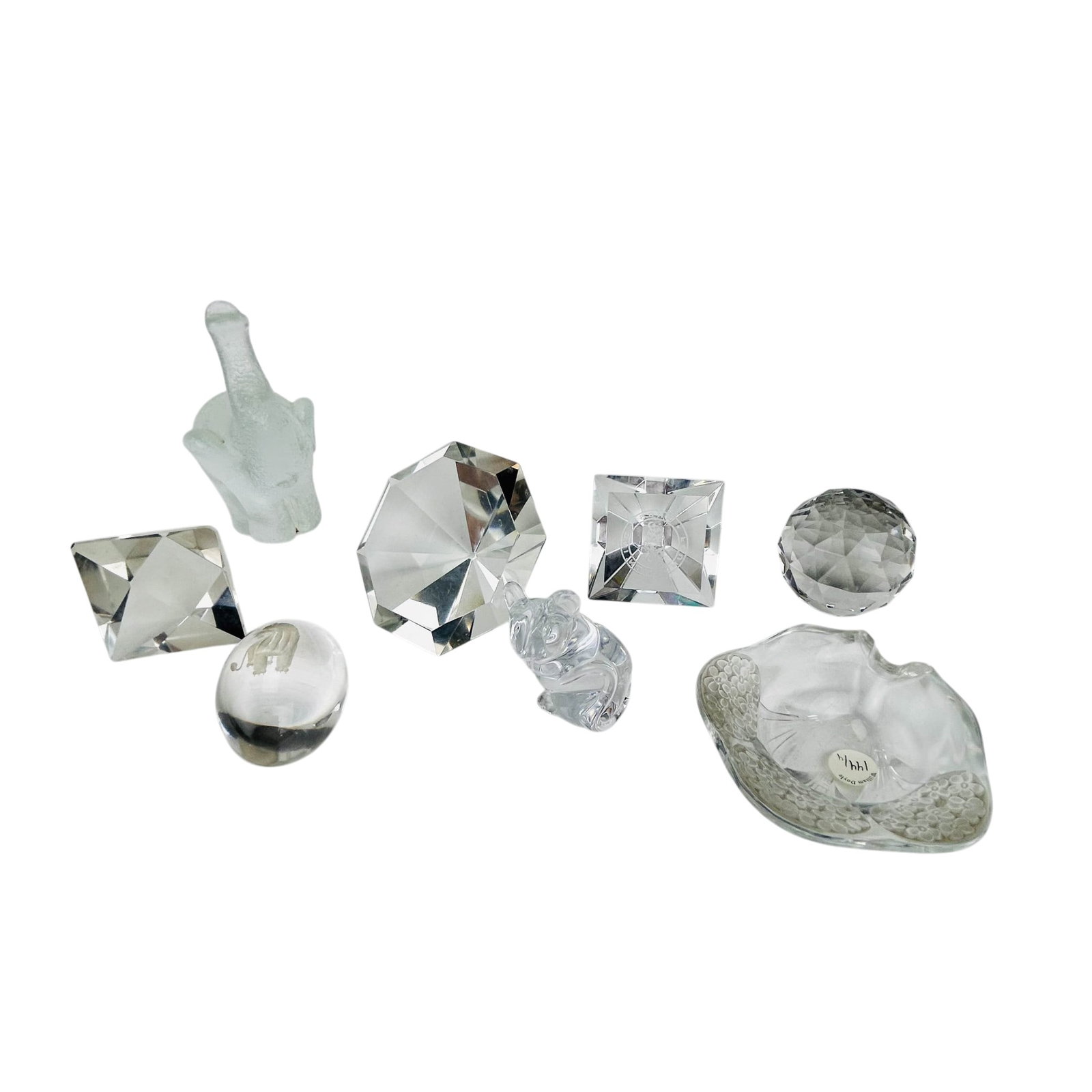Crystal Desk Paperweight & Glass Figurine 8pc LOT: Estate assortment of eight decorative desk accessories including a frosted art glass elephant with raised trunk, Hoya crystal paperweight acid-etched with the Four Cs Foundation emblem, multifaceted s